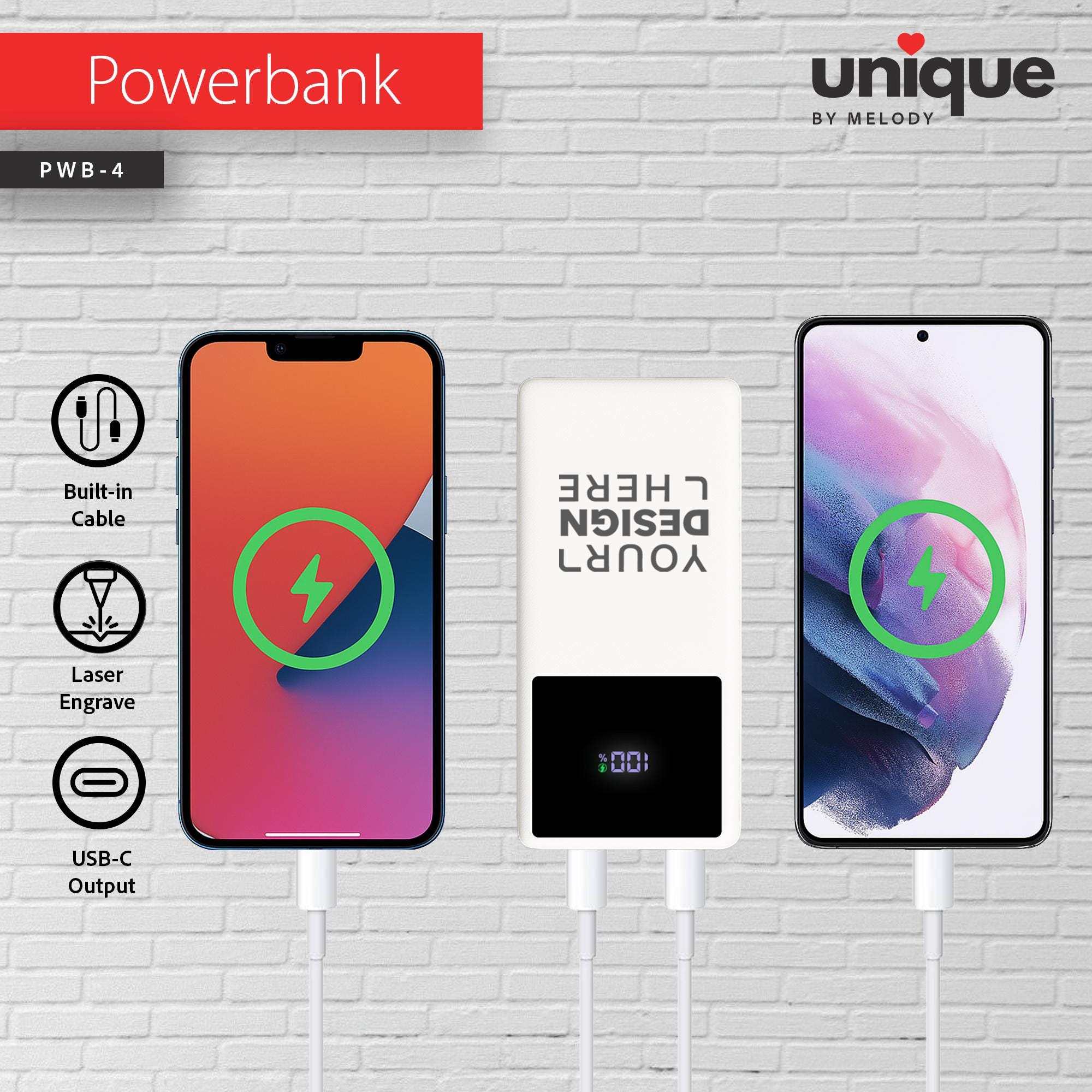 Custom Portable Charger Built-in Cable, Corporate Holiday Bulk Orders, Personalized Built-in Power Bank, Company Logo Gift Mobile Charger