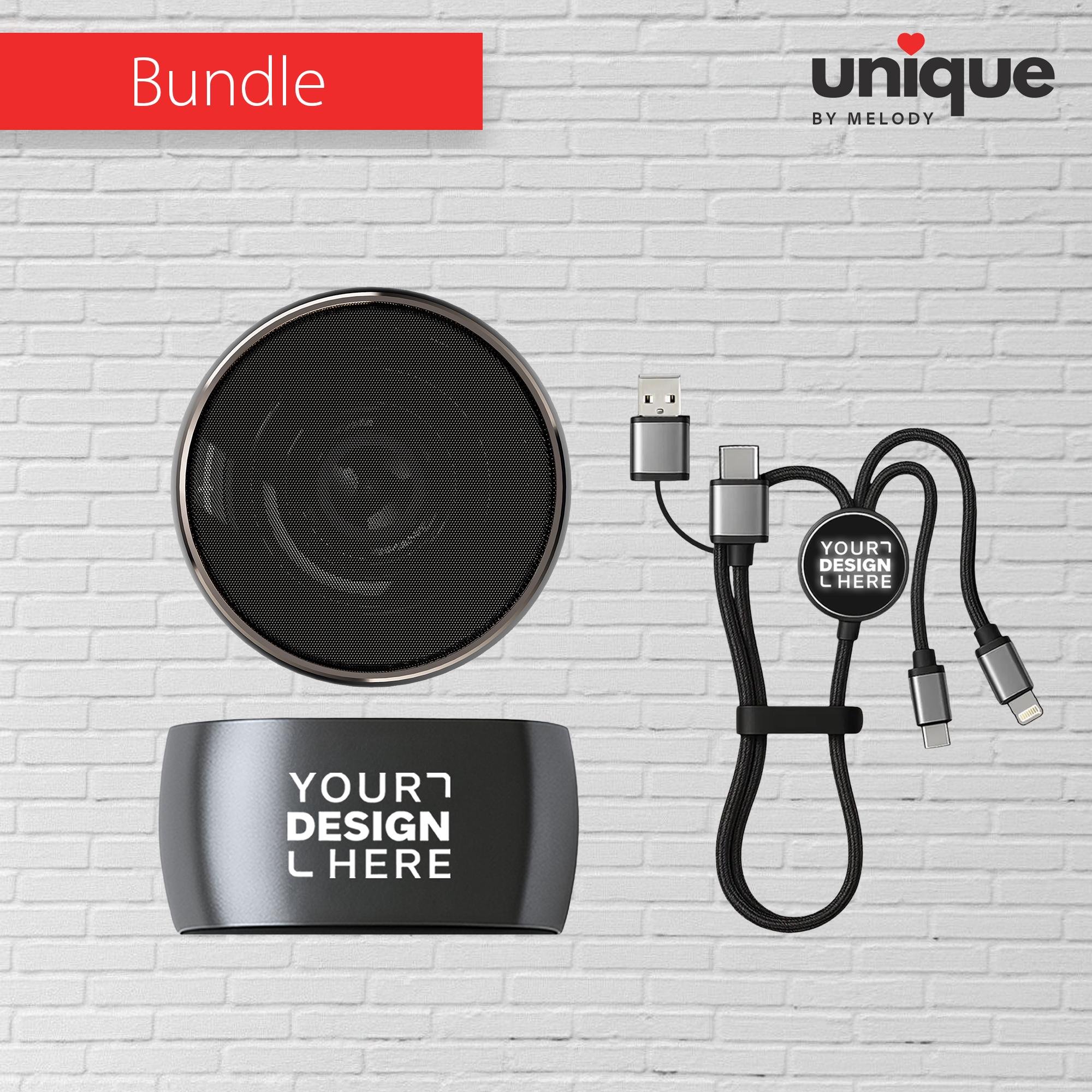 Titanium Bluetooth Speaker & Light-Up Cable Gift Set, Custom Logo Corporate Tech Bundle, Personalized Sound Gift, Promo Bulk Business Gifts