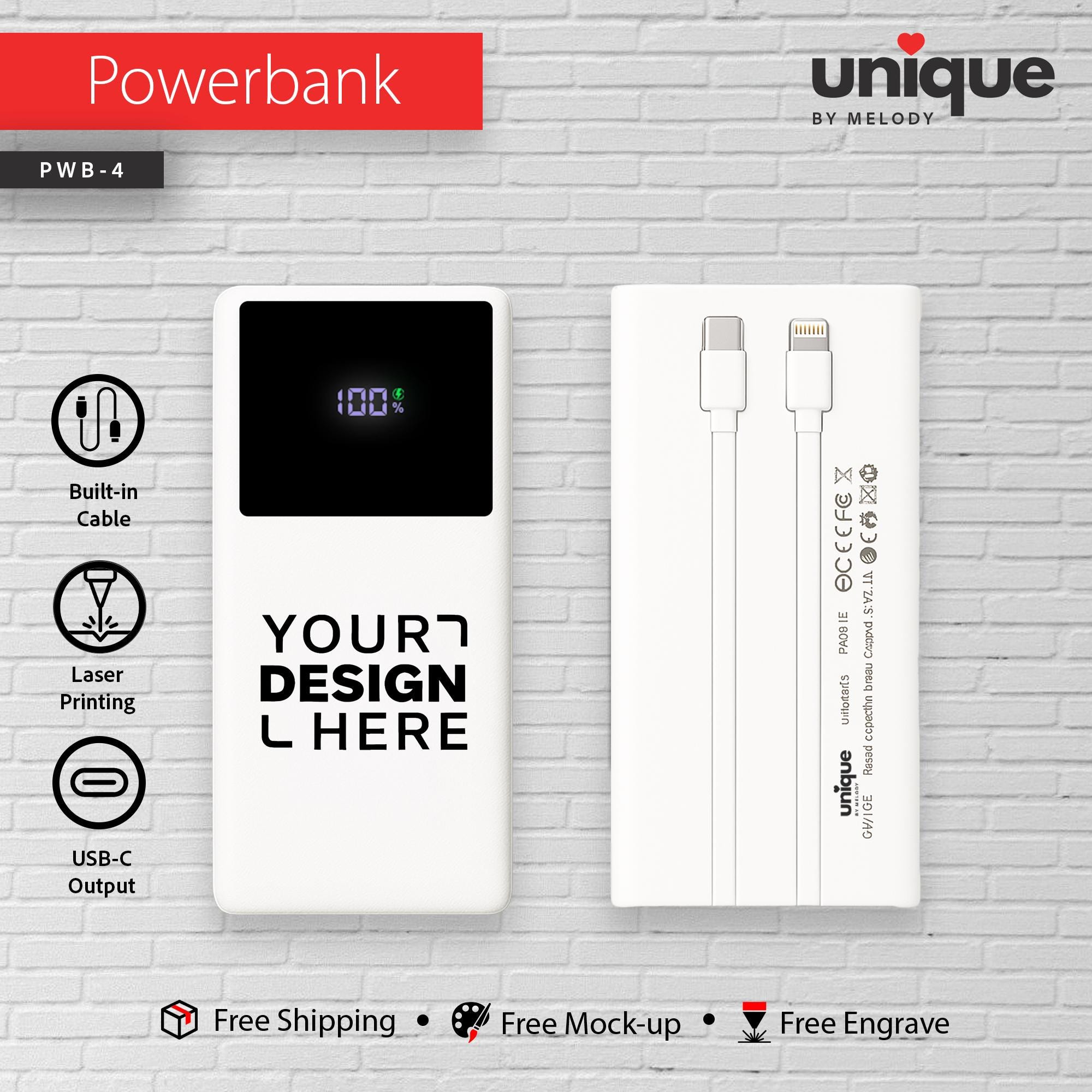 Customized Built-in Cable Portable Charger, Corporate Holiday Bulk Orders, Personalized Built-in Power Bank, Company Logo Mobile Charger