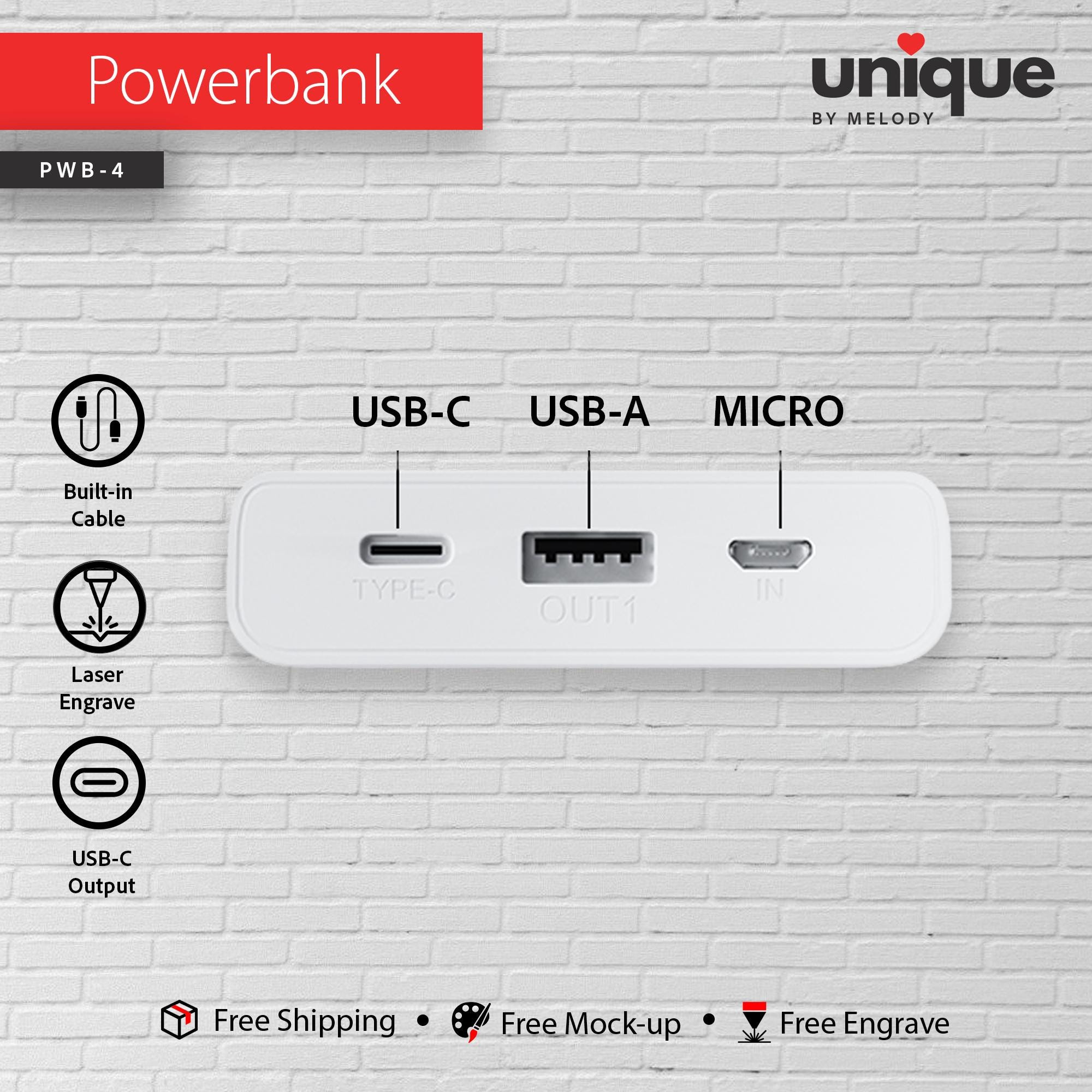 Custom Portable Charger Built-in Cable, Corporate Holiday Bulk Orders, Personalized Built-in Power Bank, Company Logo Gift Mobile Charger