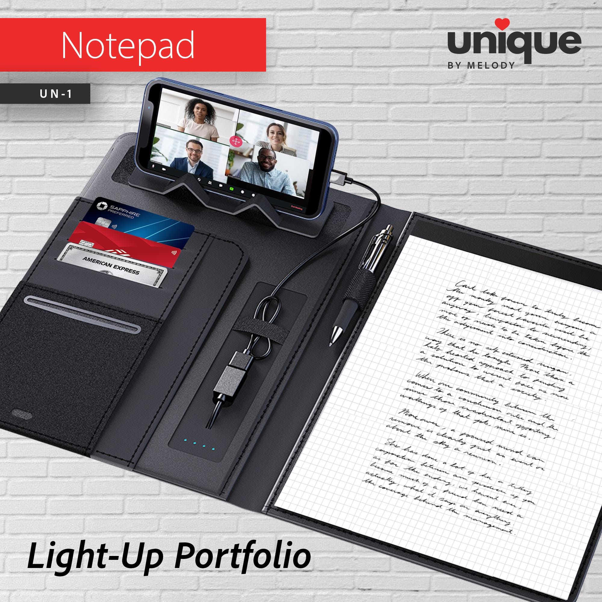 Personalized Portfolio Light-Up Tech A4 & Cable Gift Set, Custom Logo Corporate Notebook Organizer, Refillable Powerbank Bulk Business Gift