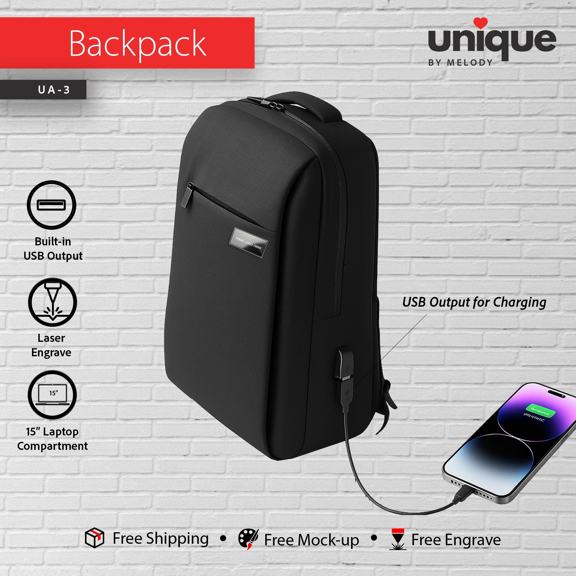 Company Logo Backpack Waterproof, Custom Logo USB Charging Laptop Bag, Corporate Travel Tech Gift, Affordable Company Bulk Promotional Order