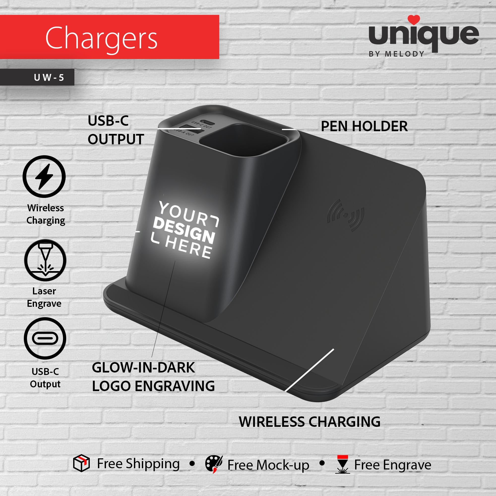 Light-Up Logo Wireless Charging Pen Holder, Custom Light-Up Logo Desktop Docking Station, Corporate Office Gift, Personalized Tech Organizer