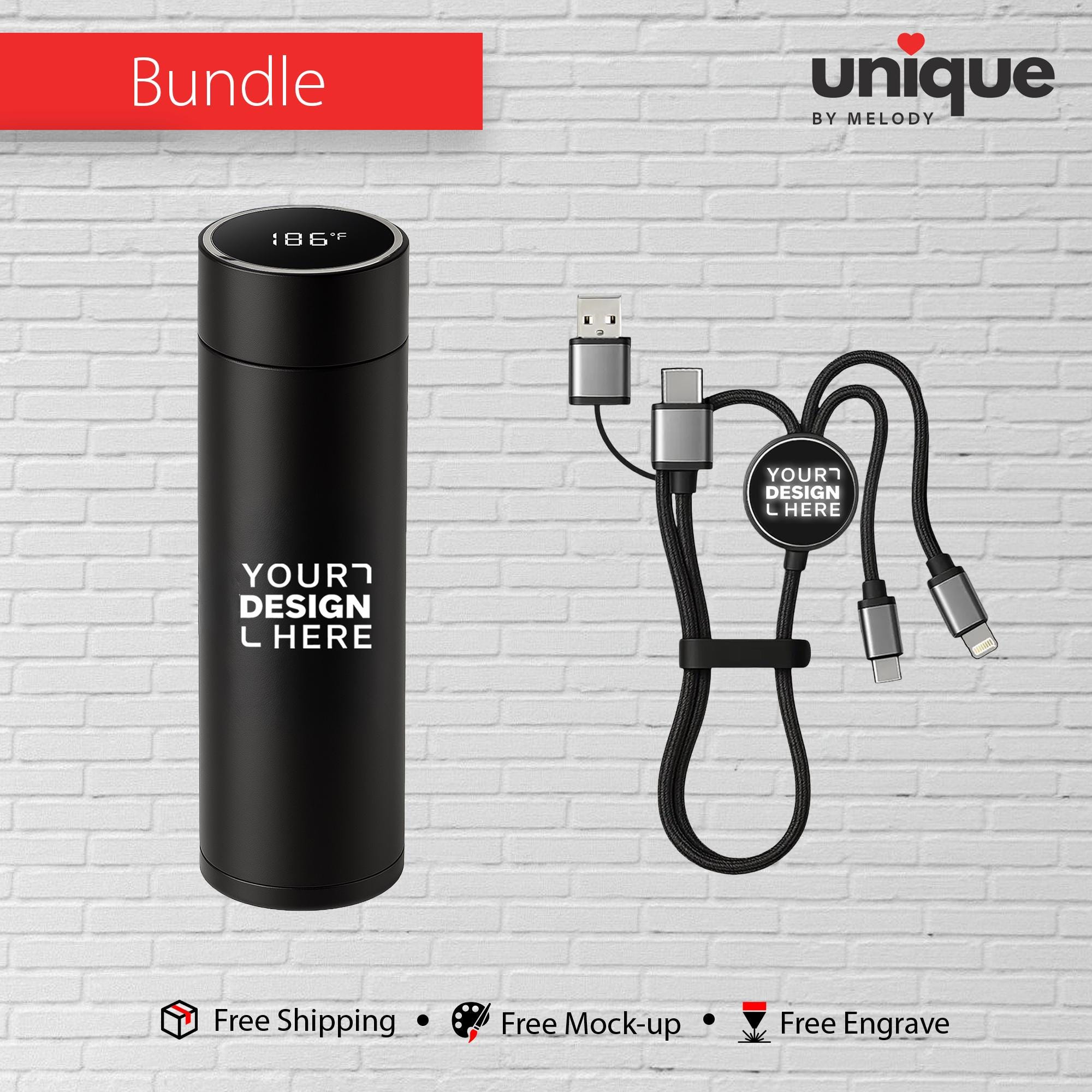 Smart Thermos & Light-Up Charging Cable Set, Custom Logo Corporate Gift Bundle, Personalized Tech Holiday Gift, Promotional Bulk Orders