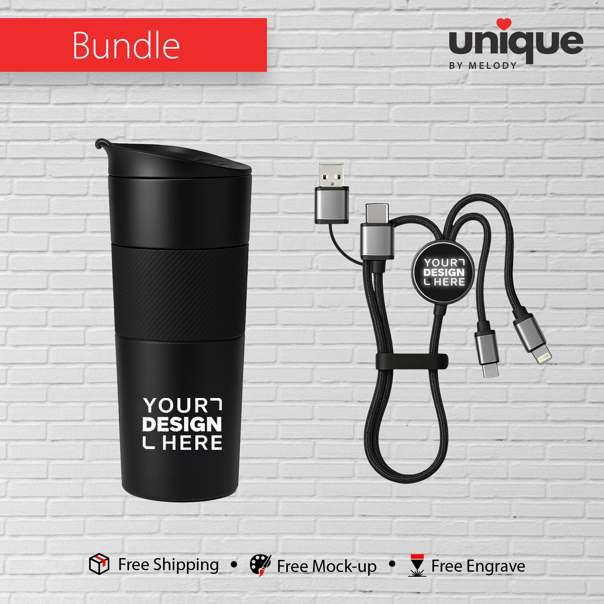 Personalized Tumbler Gift Set, Custom Logo Light-Up Charging Cord Bundle, Corporate Holiday Tech Gift, Promotional Bulk Order, Charge Cable