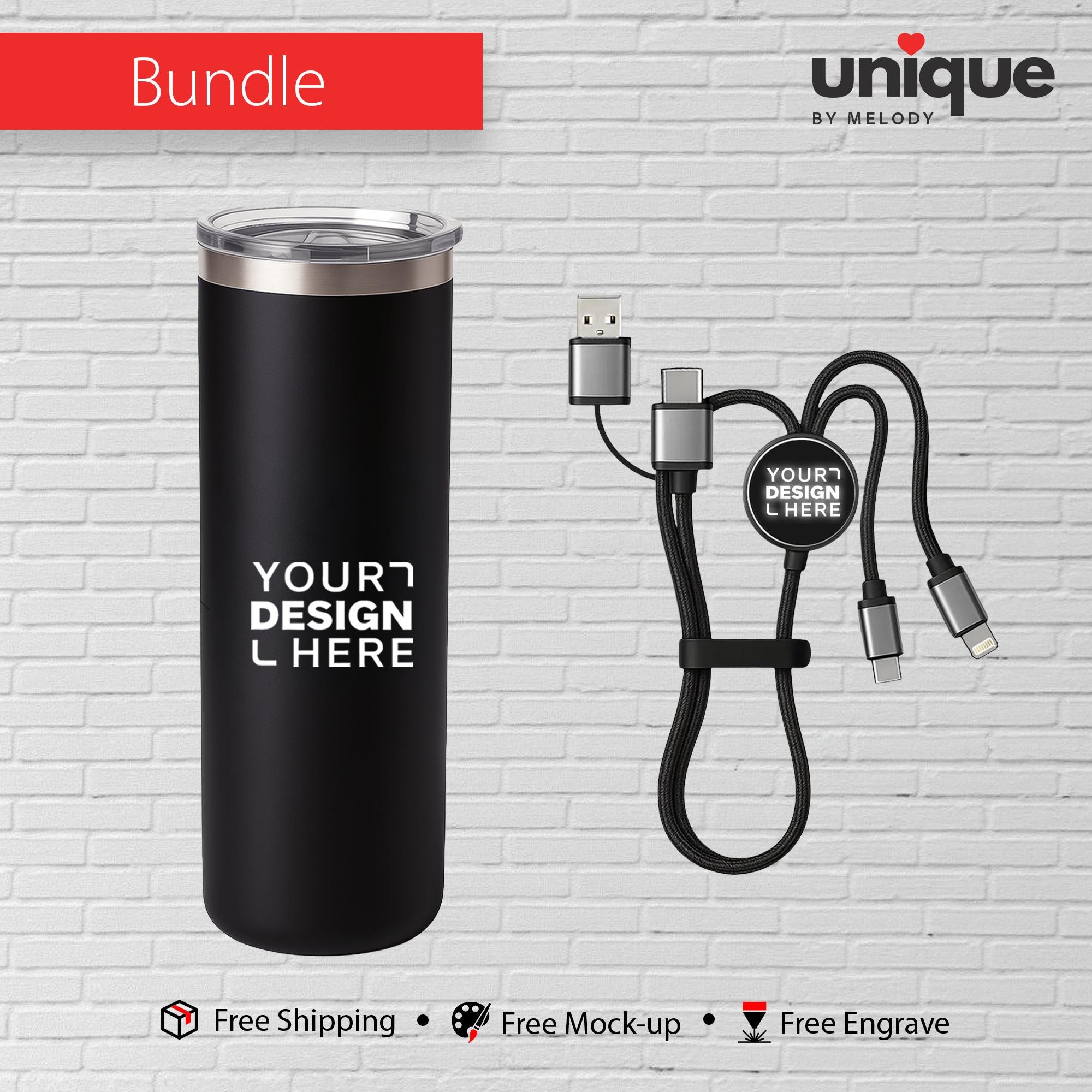 Custom Stainless Tumbler and Light-Up Cable Gift Set, Personalized Corporate Giveaway, Business Holiday Tech Gift, Promotional Bulk Orders