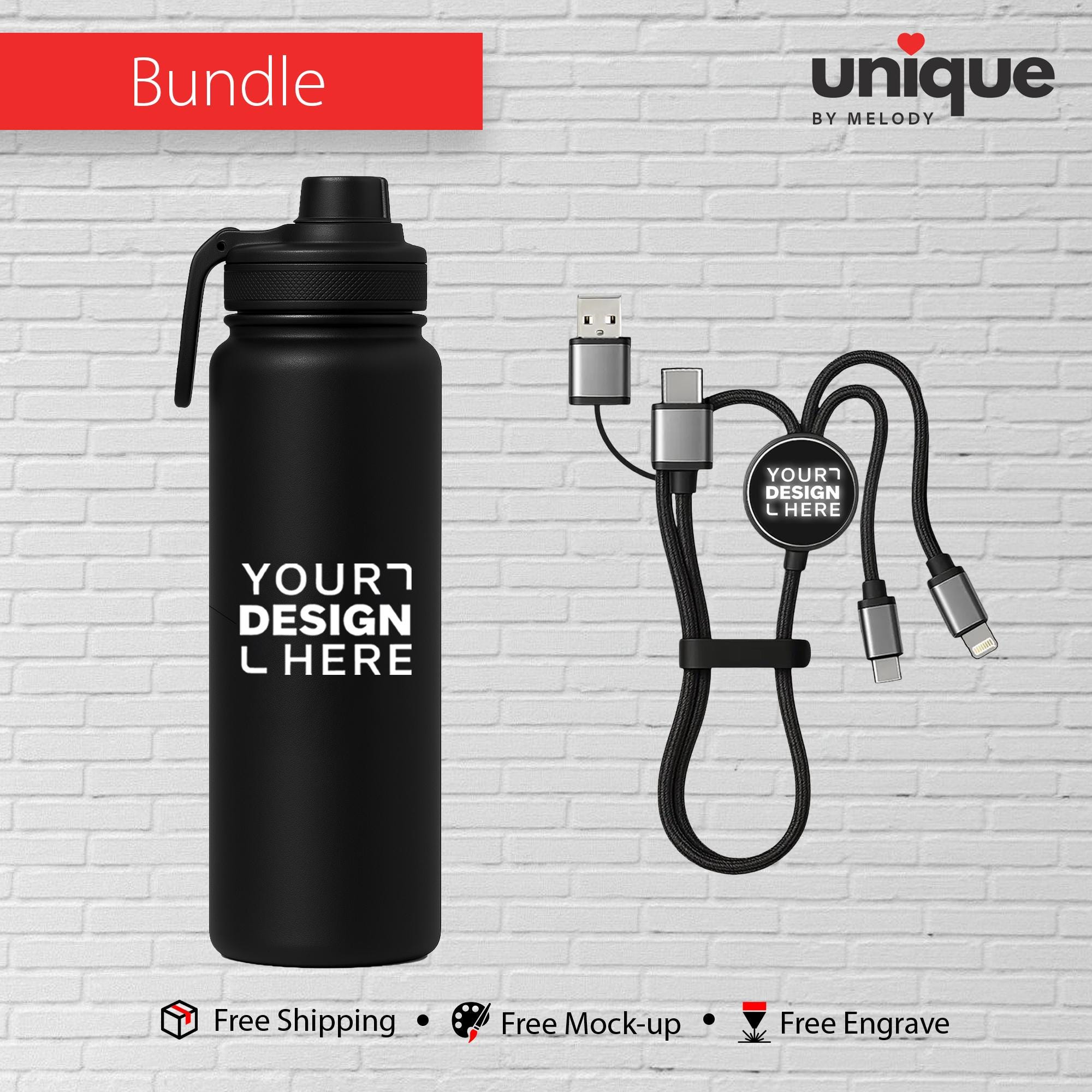 Double Wall Thermos Light-Up Charging Cable Set, Custom Logo Corporate Gift Bundle, Personalized Drinkware Tech Gift, Promotional Bulk Order