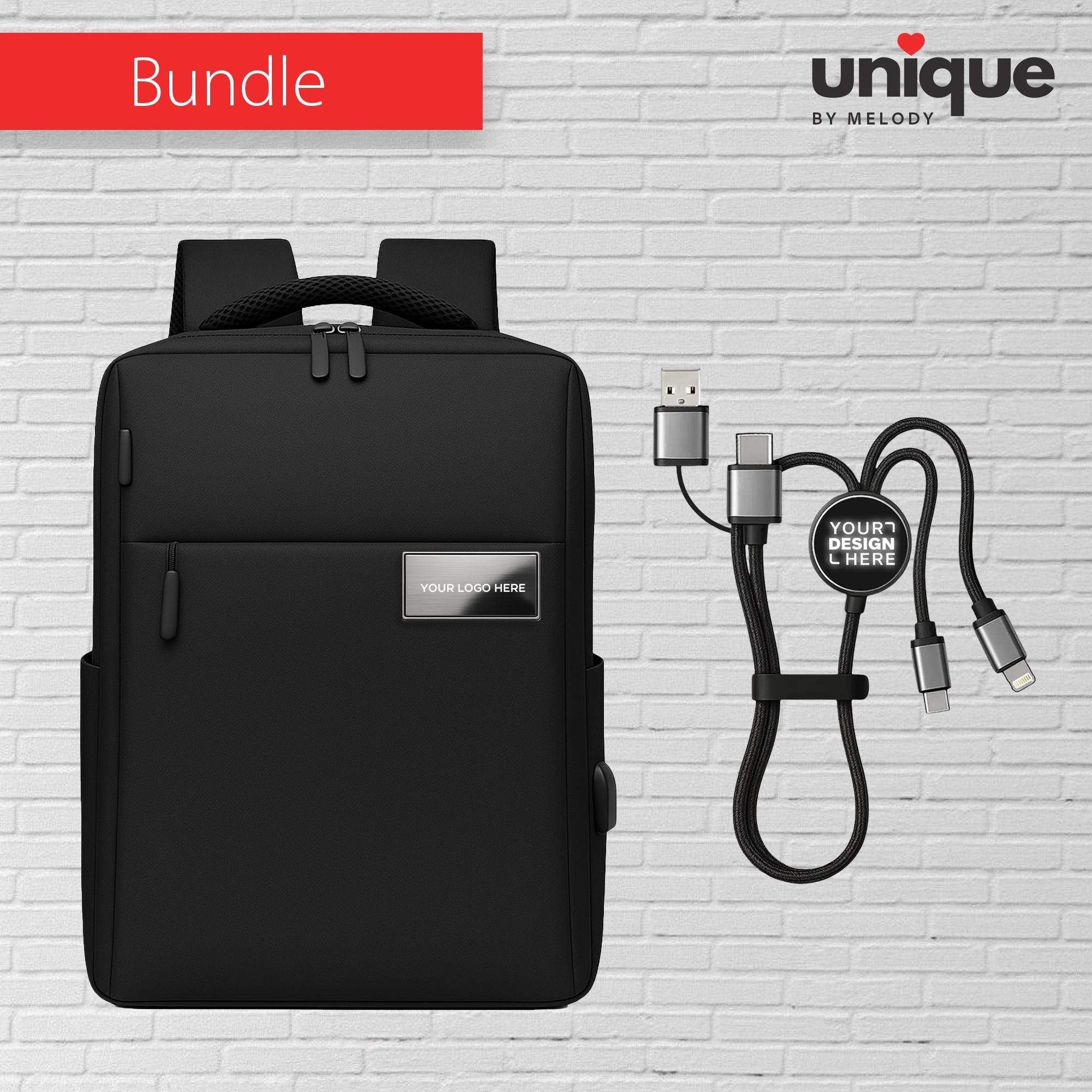 Personalized Waterproof Tech Backpack&LightUp Cable Gift Set, Custom Logo USB Charge Laptop Bag, Corporate Travel Gift Affordable Promo Bulk