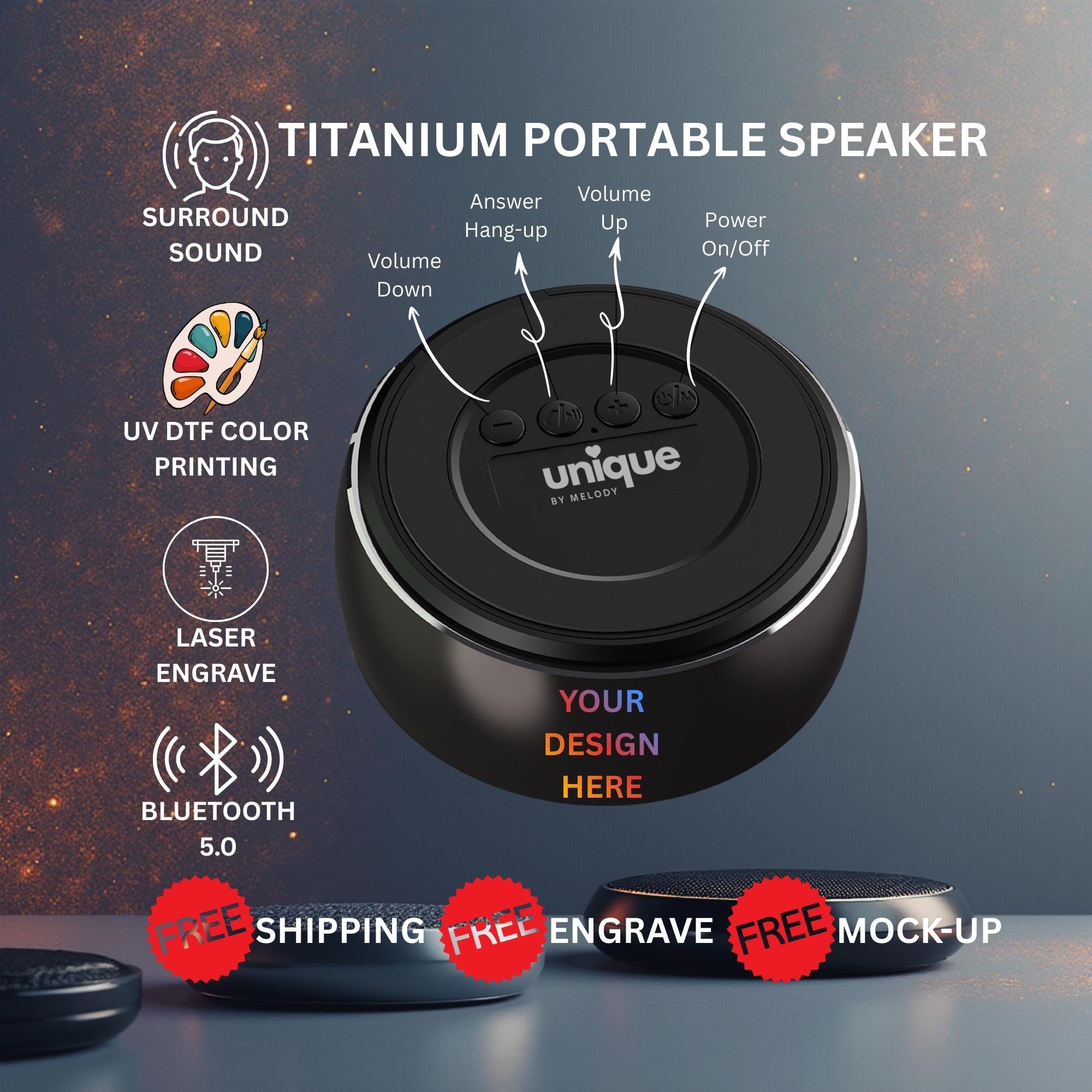 Close-up of titanium Bluetooth speaker showing sleek metal finish and laser engraved branding modern corporate promotional tech gift