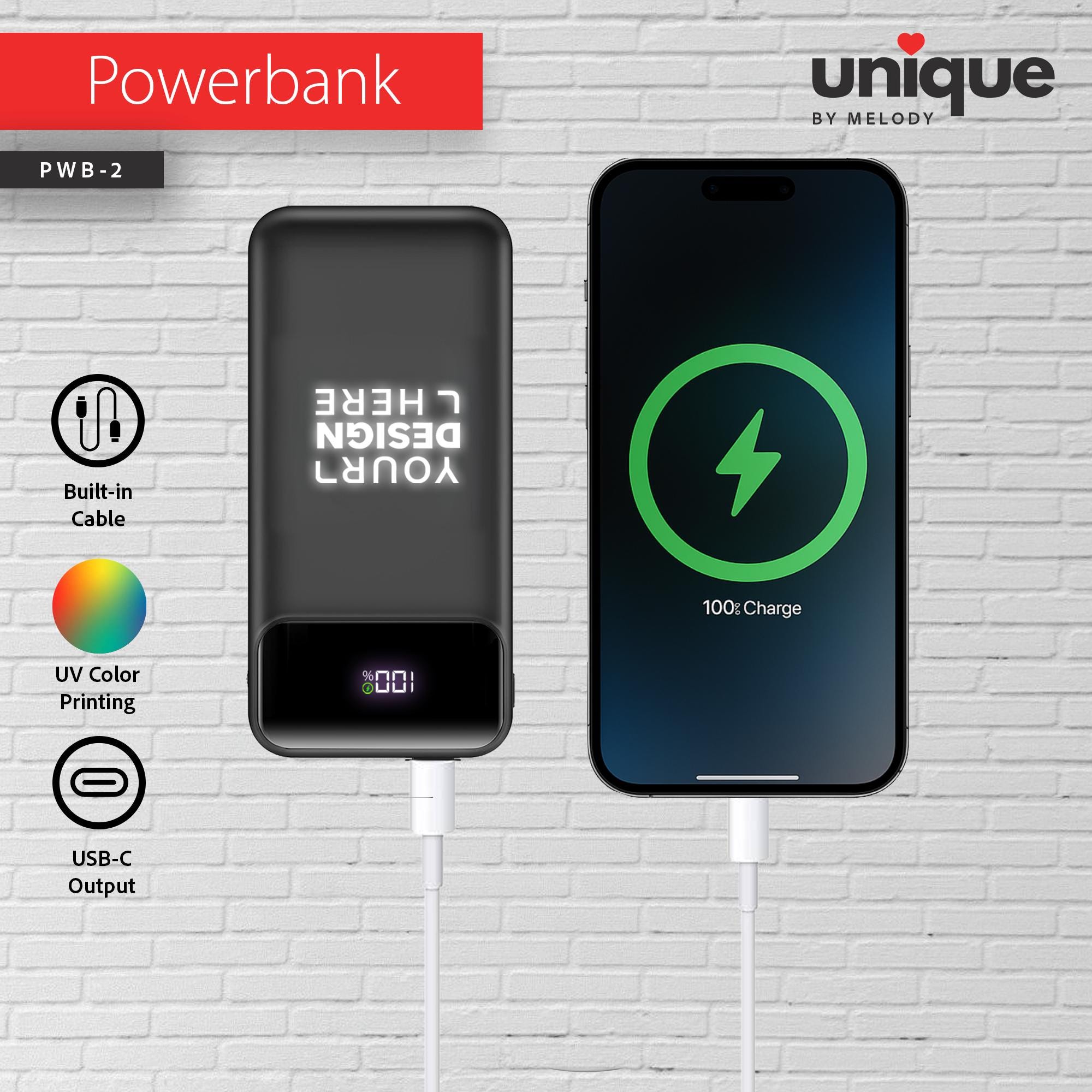Logo Customized Portable Charger, Personalized Built-in Cable Powerbank, Corporate Holiday Bulk Gift for Clients, Staff, Trade Shows, Events