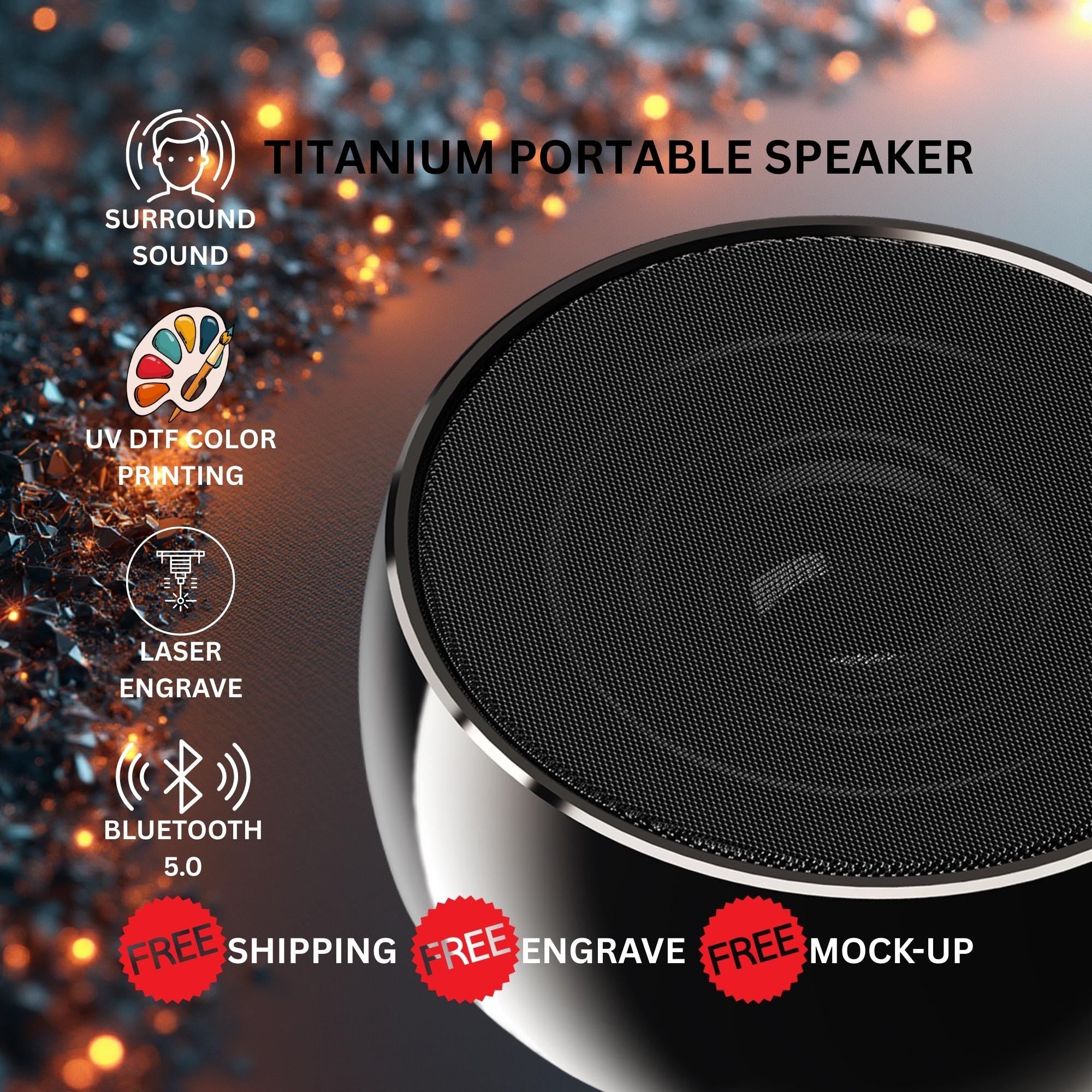 Close-up of titanium Bluetooth speaker showing sleek metal finish and laser engraved branding modern corporate promotional tech gift