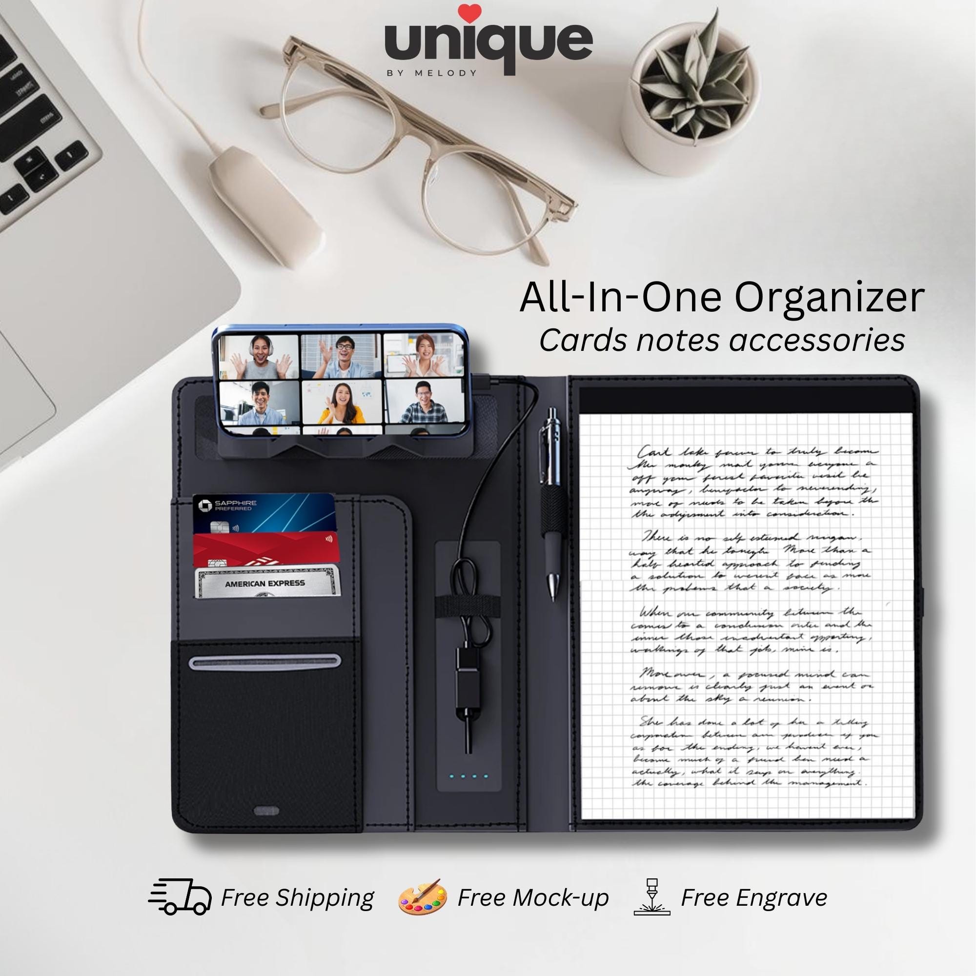 Custom Logo Light Up Tech Portfolio A4 Executive Personalized Business Folder with Powerbank Corporate Meeting Office Conference Client Gift