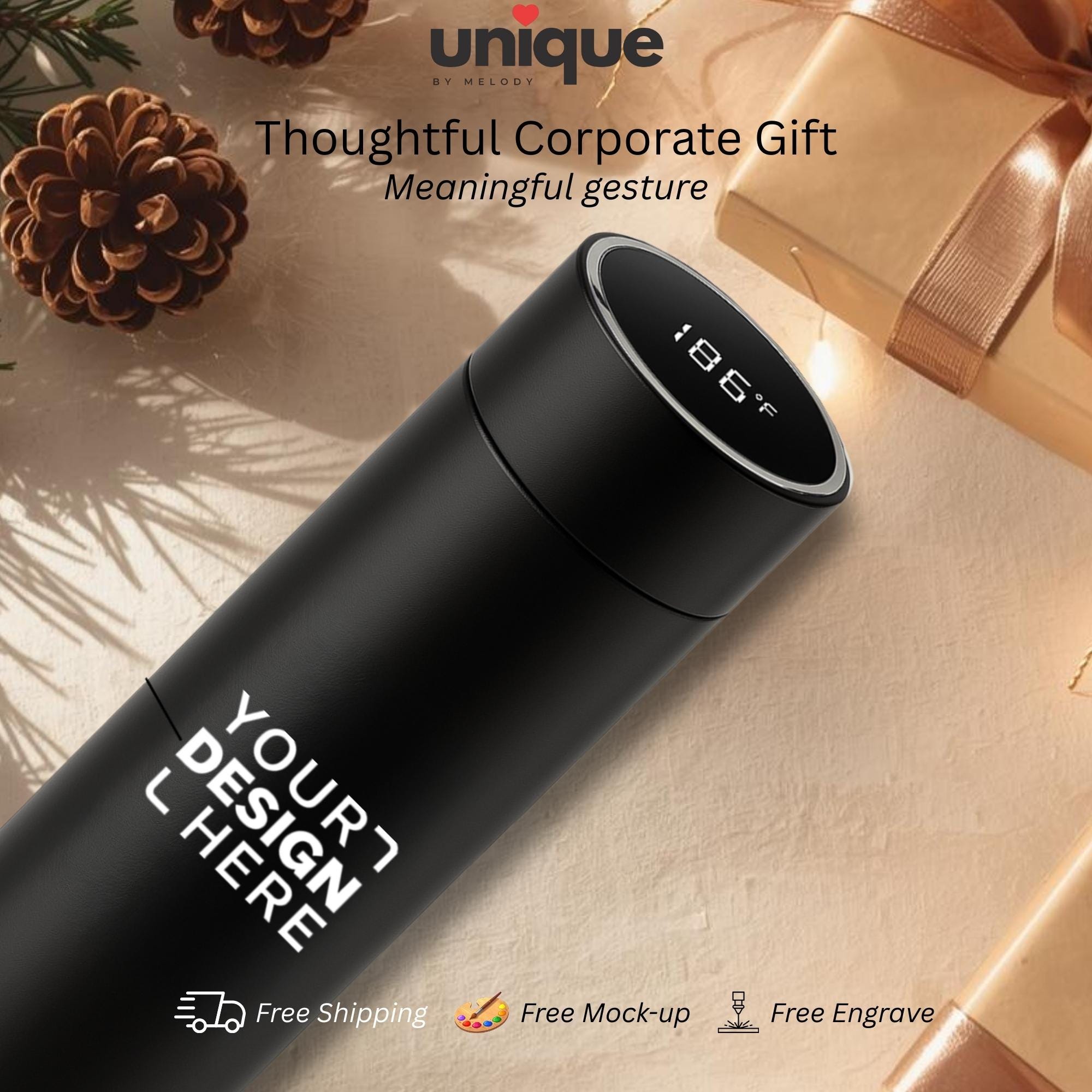 Corporate Holiday Smart Thermos Custom Logo Temperature Bottle Gift for Employee Client Appreciation Year End Office Christmas