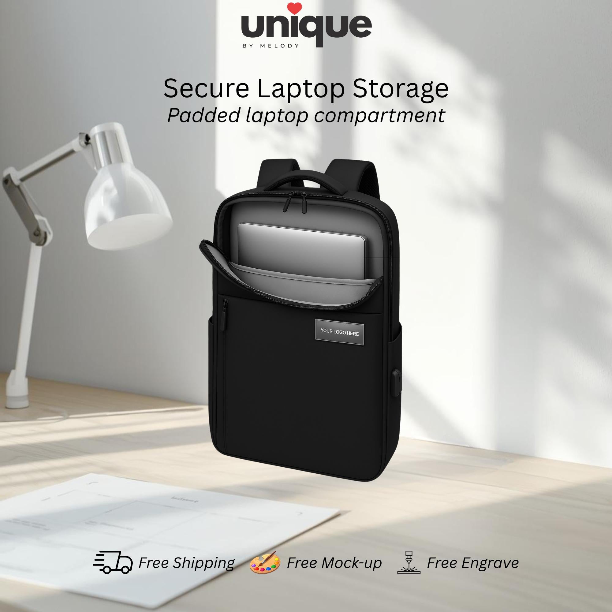 Custom Logo Tech Backpack Waterproof Corporate Laptop Bag with USB Charging Port Business Travel Ready Gift for Client Employee Trade Show
