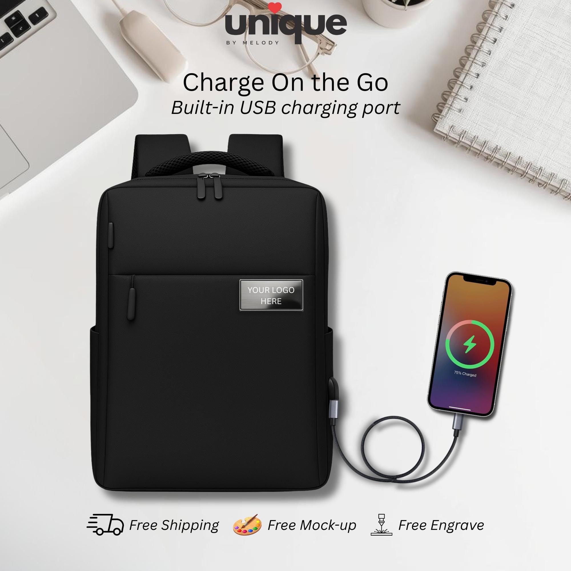 Custom Logo Tech Backpack Waterproof Corporate Laptop Bag with USB Charging Port Business Travel Ready Gift for Client Employee Trade Show