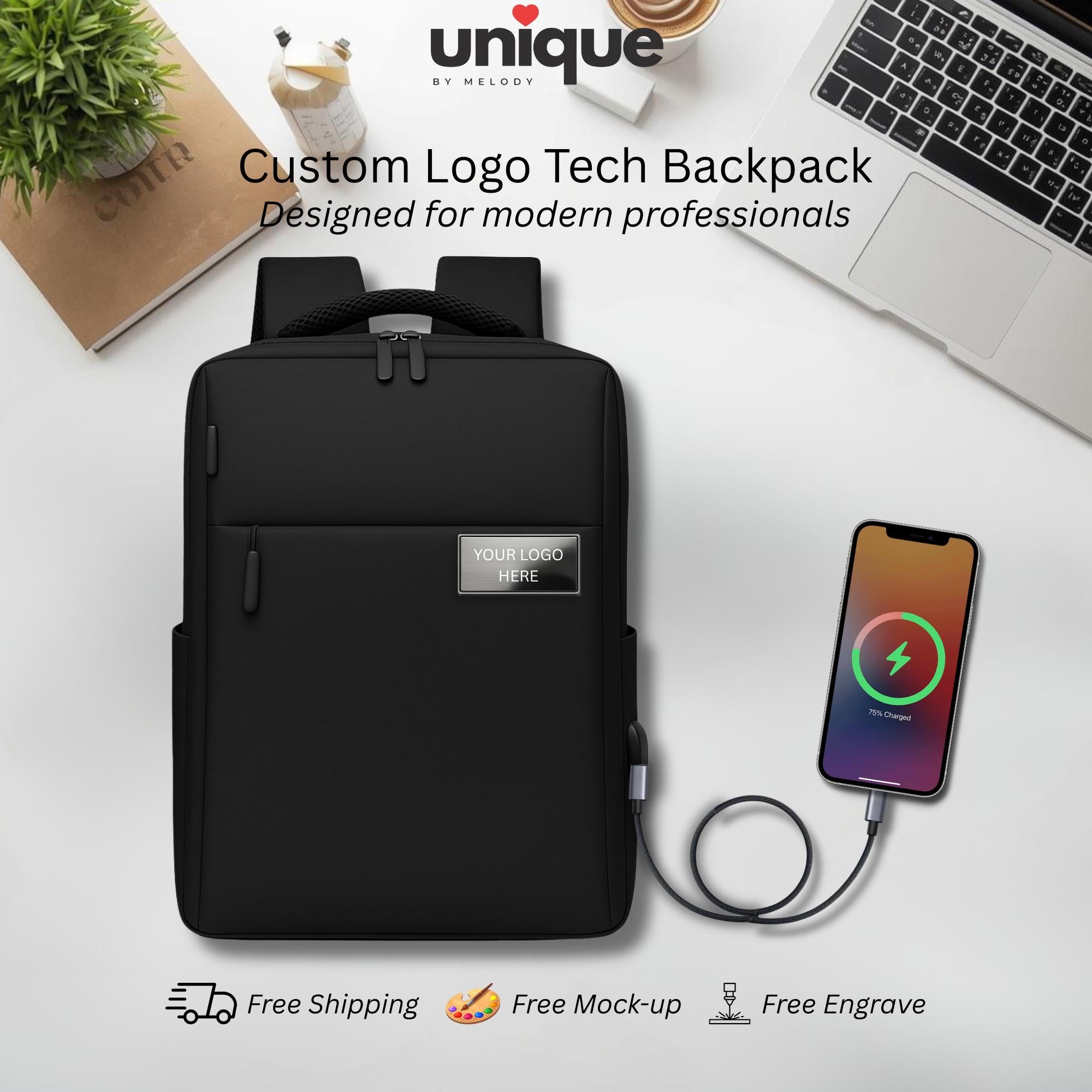 Custom Logo Tech Backpack Waterproof Corporate Laptop Bag with USB Cha – UniqueByMelody