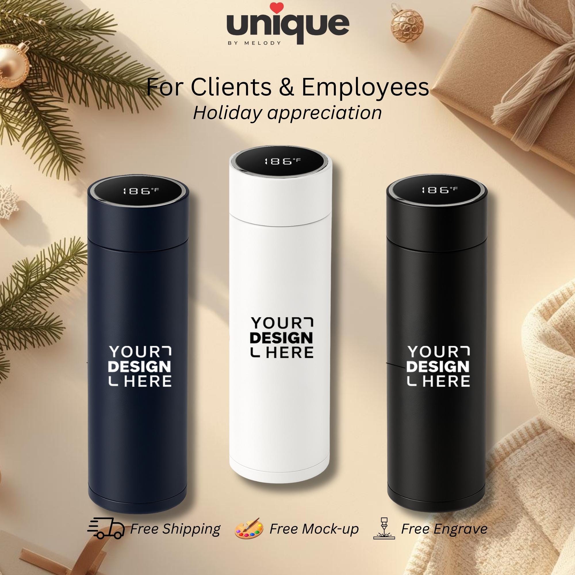 Corporate Holiday Smart Thermos Custom Logo Temperature Bottle Gift for Employee Client Appreciation Year End Office Christmas