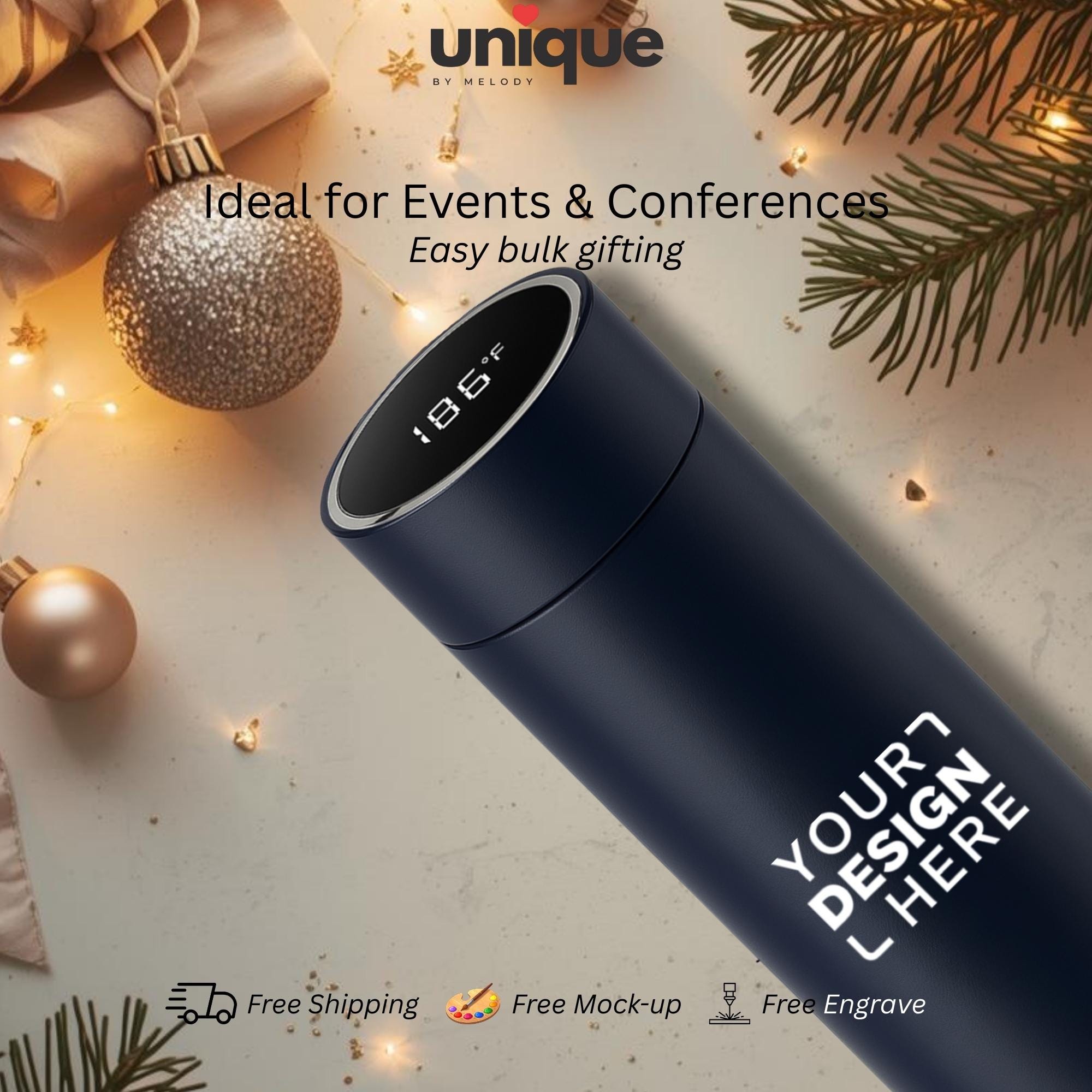 Corporate Holiday Smart Thermos Custom Logo Temperature Bottle Gift for Employee Client Appreciation Year End Office Christmas