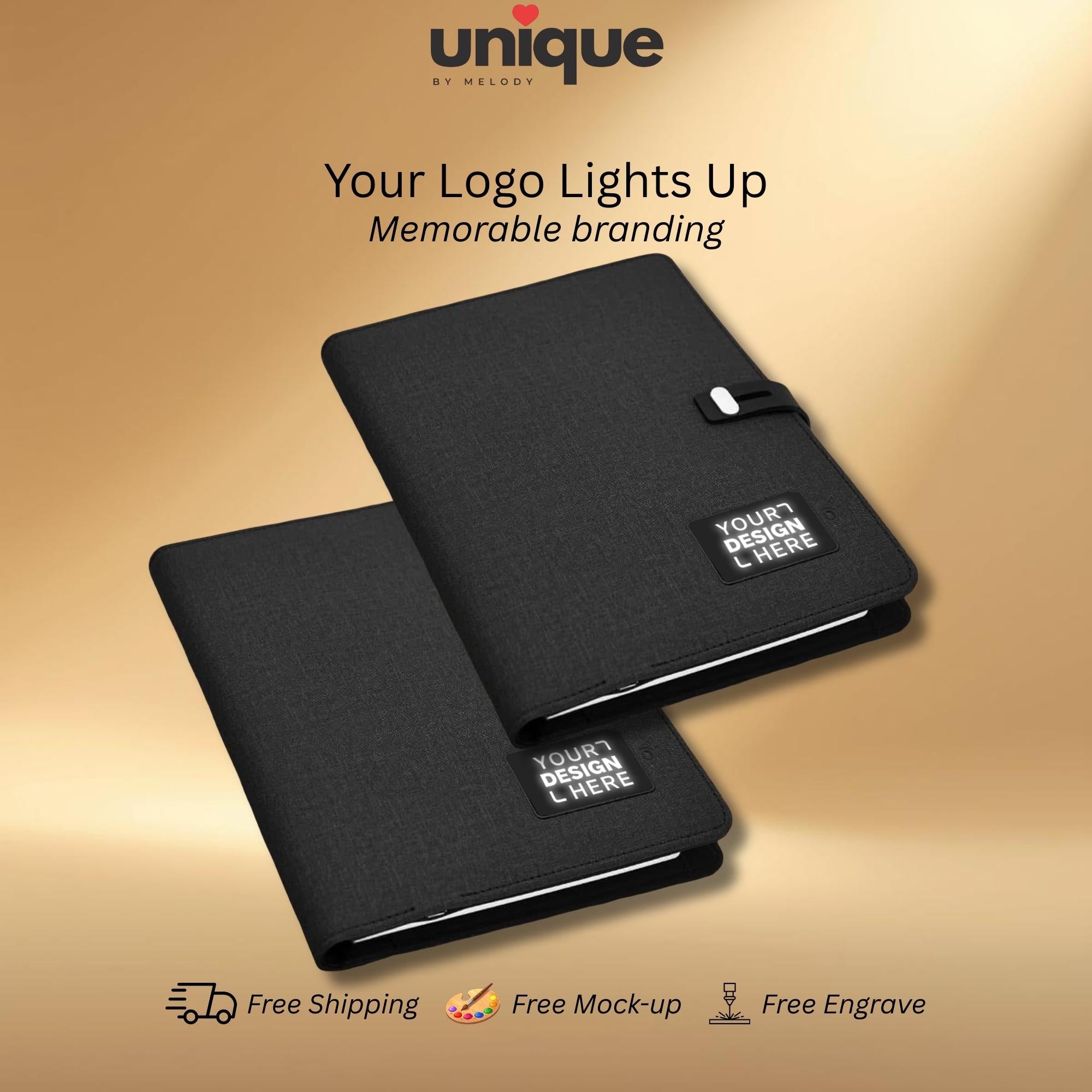 Custom Tech Portfolio Light-Up Logo A5 Notebook Executive Organizer with Power Bank Corporate Holiday Conference Event Gift