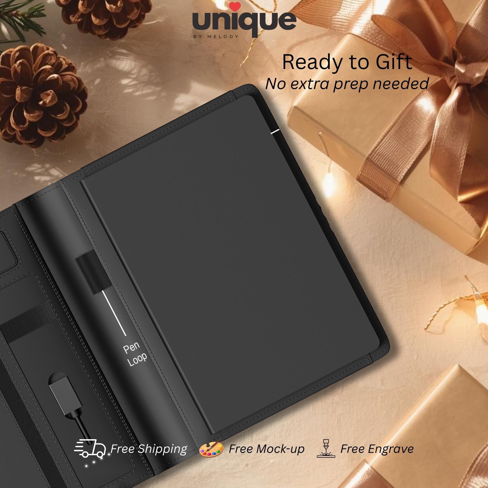 Custom Tech Portfolio Light-Up Logo A5 Notebook Executive Organizer with Power Bank Corporate Holiday Conference Event Gift