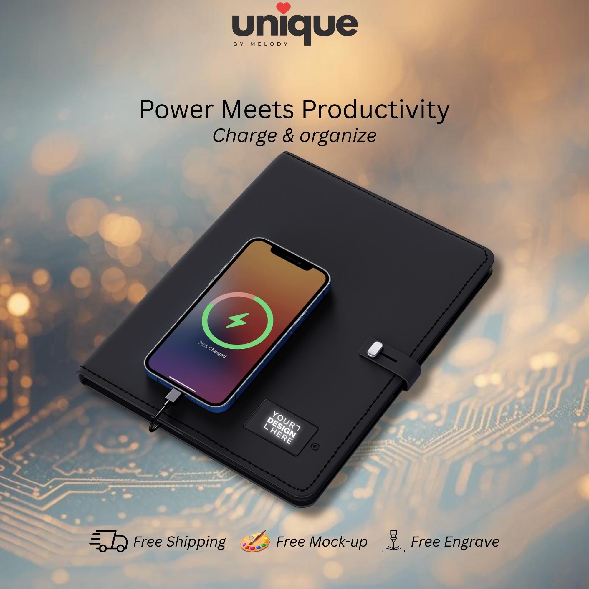 Custom Tech Portfolio Light-Up Logo A5 Notebook Executive Organizer with Power Bank Corporate Holiday Conference Event Gift