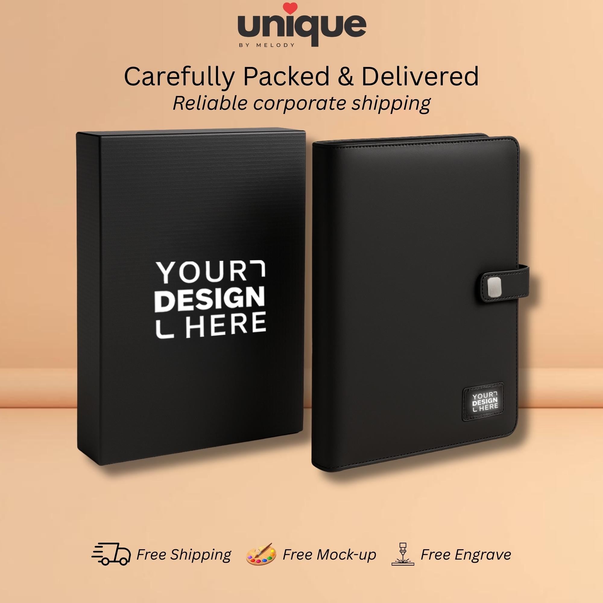 Custom Tech Portfolio Light-Up Logo A5 Notebook Executive Organizer with Power Bank Corporate Holiday Conference Event Gift