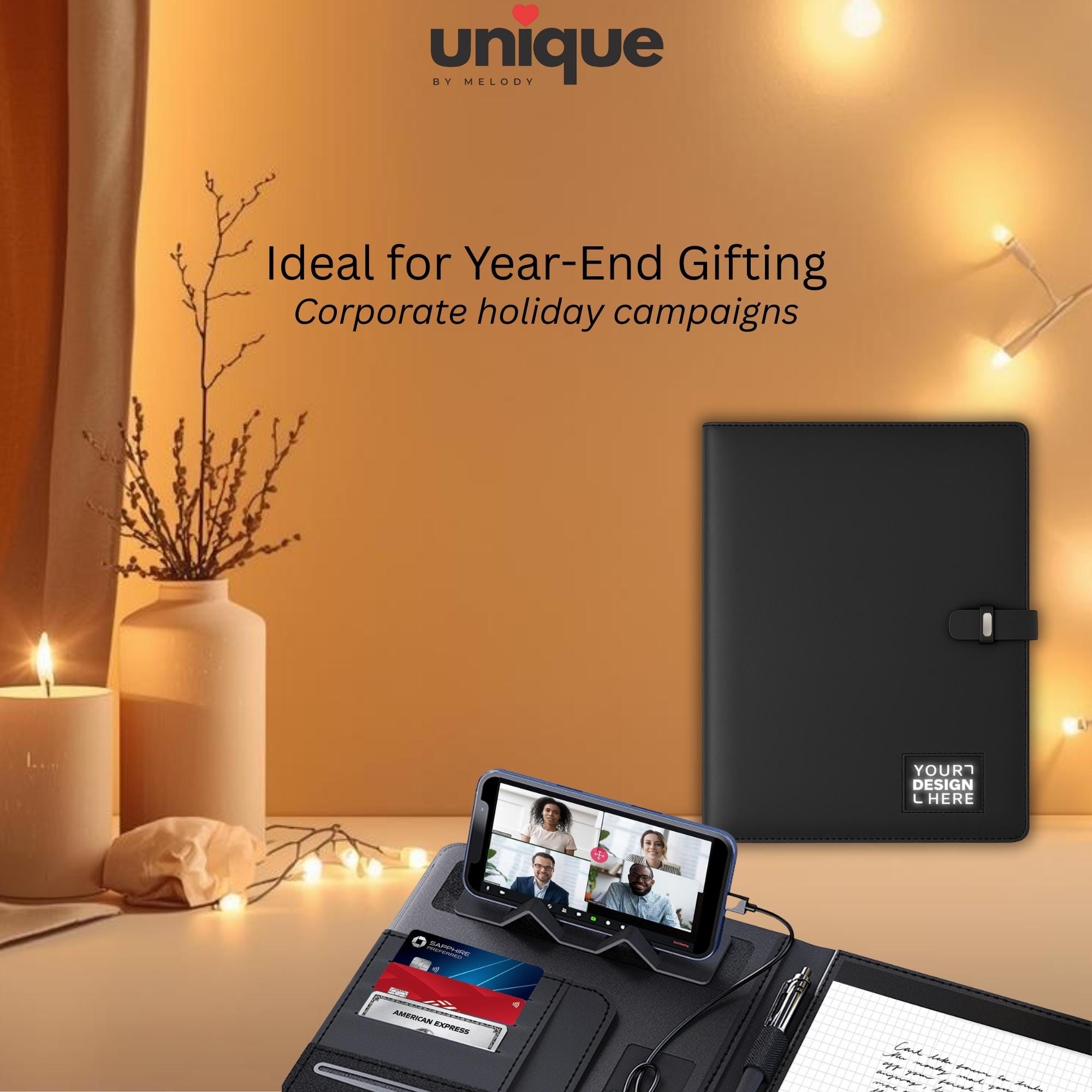 Custom Tech Portfolio Light-Up Logo A5 Notebook Executive Organizer with Power Bank Corporate Holiday Conference Event Gift