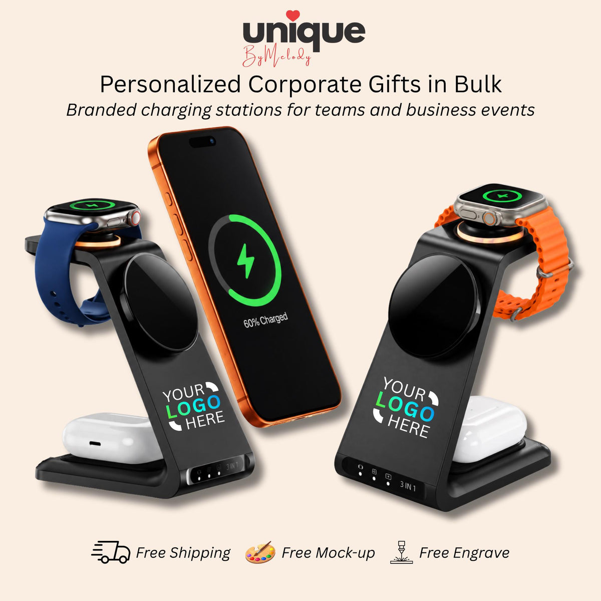 Personalized 3in1 MagSafe Wireless Charging Station with Custom Company Logo Corporate Desk Gift for Employees, Clients, Holidays and Events