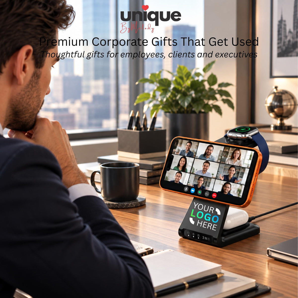 Personalized 3in1 MagSafe Wireless Charging Station with Custom Company Logo Corporate Desk Gift for Employees, Clients, Holidays and Events
