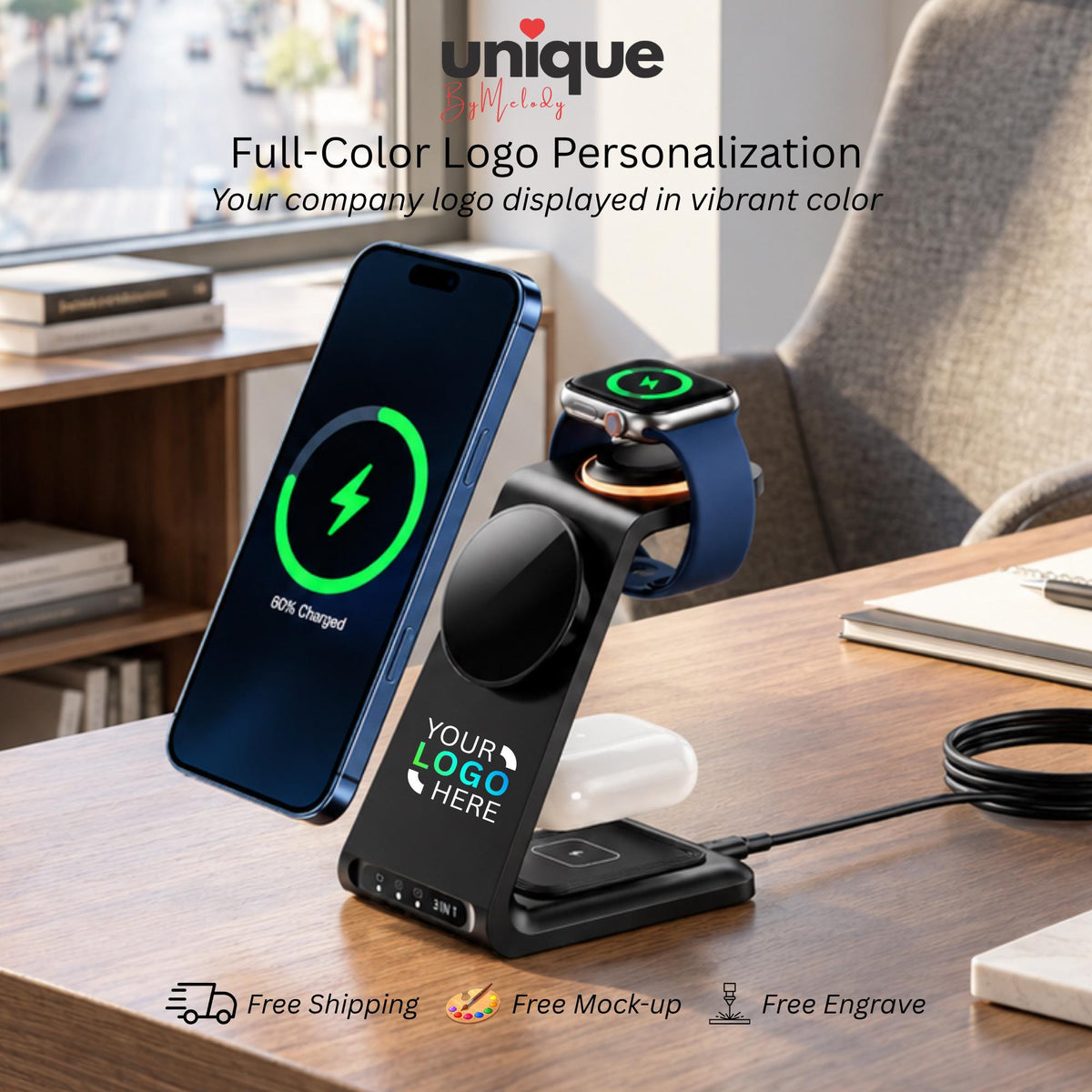 Personalized 3in1 MagSafe Wireless Charging Station with Custom Company Logo Corporate Desk Gift for Employees, Clients, Holidays and Events