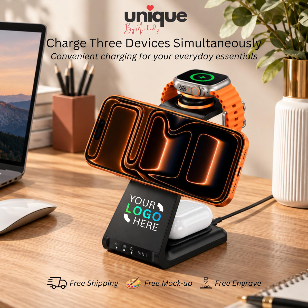 Personalized 3in1 MagSafe Wireless Charging Station with Custom Company Logo Corporate Desk Gift for Employees, Clients, Holidays and Events