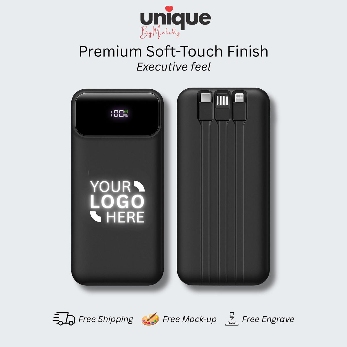 Custom Light Up Logo Powerbank Built In Cable Portable Charger Personalized Corporate Gift Employees Clients Executives and Business Events