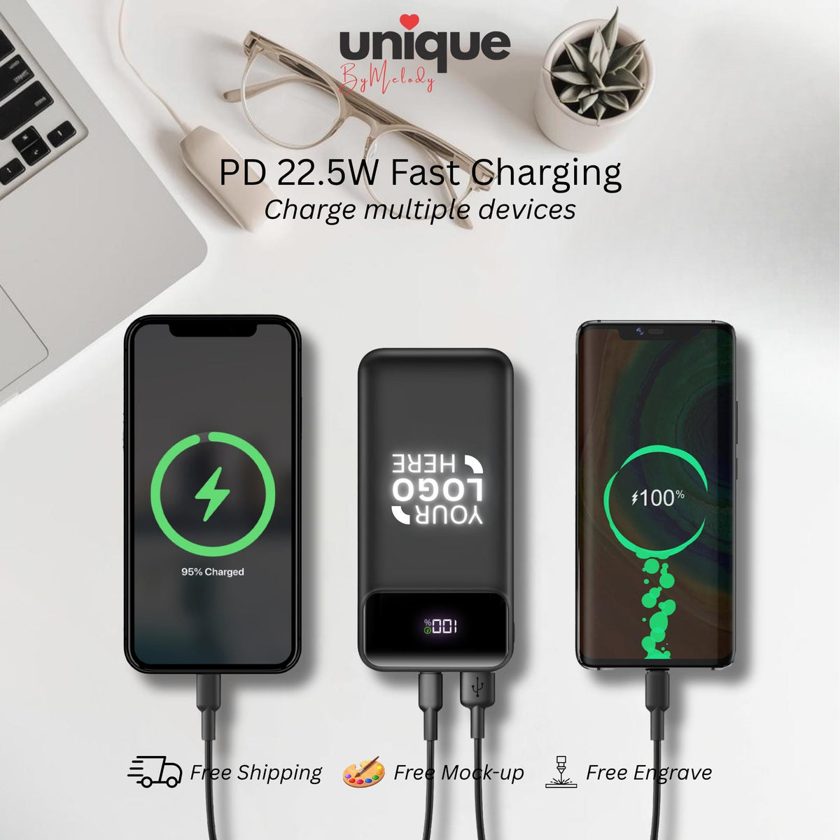 Custom Light Up Logo Powerbank Built In Cable Portable Charger Personalized Corporate Gift Employees Clients Executives and Business Events