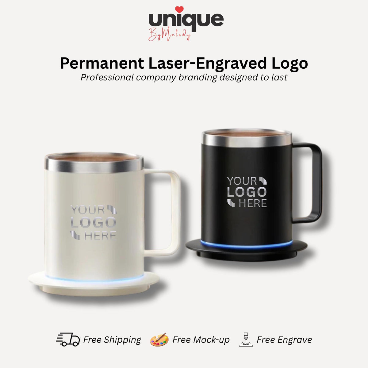Laser Engraved Self Heating Coffee Mug Personalized Logo Heated Desk Cup Corporate Gift for Employees Clients Executives and Company Events