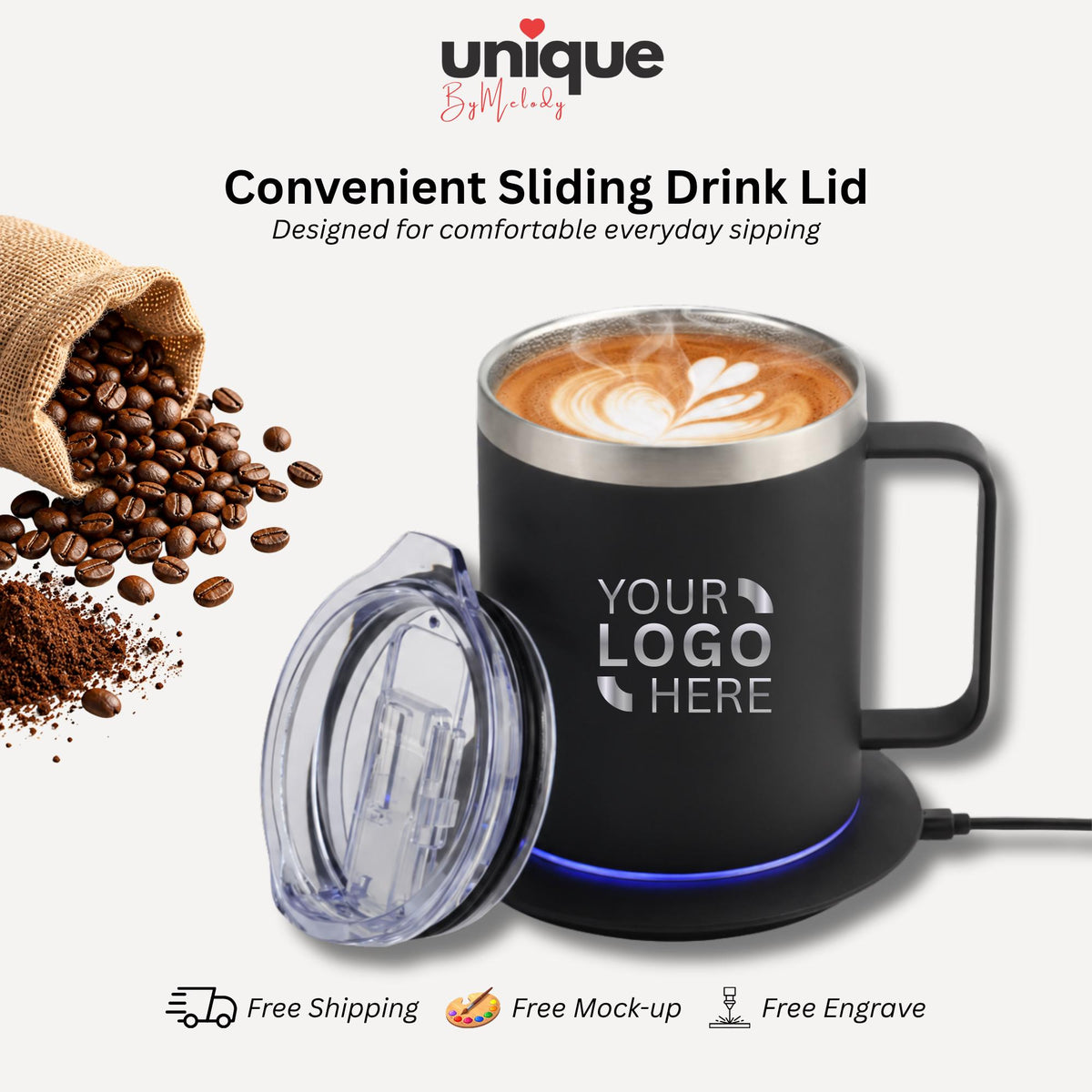 Laser Engraved Self Heating Coffee Mug Personalized Logo Heated Desk Cup Corporate Gift for Employees Clients Executives and Company Events