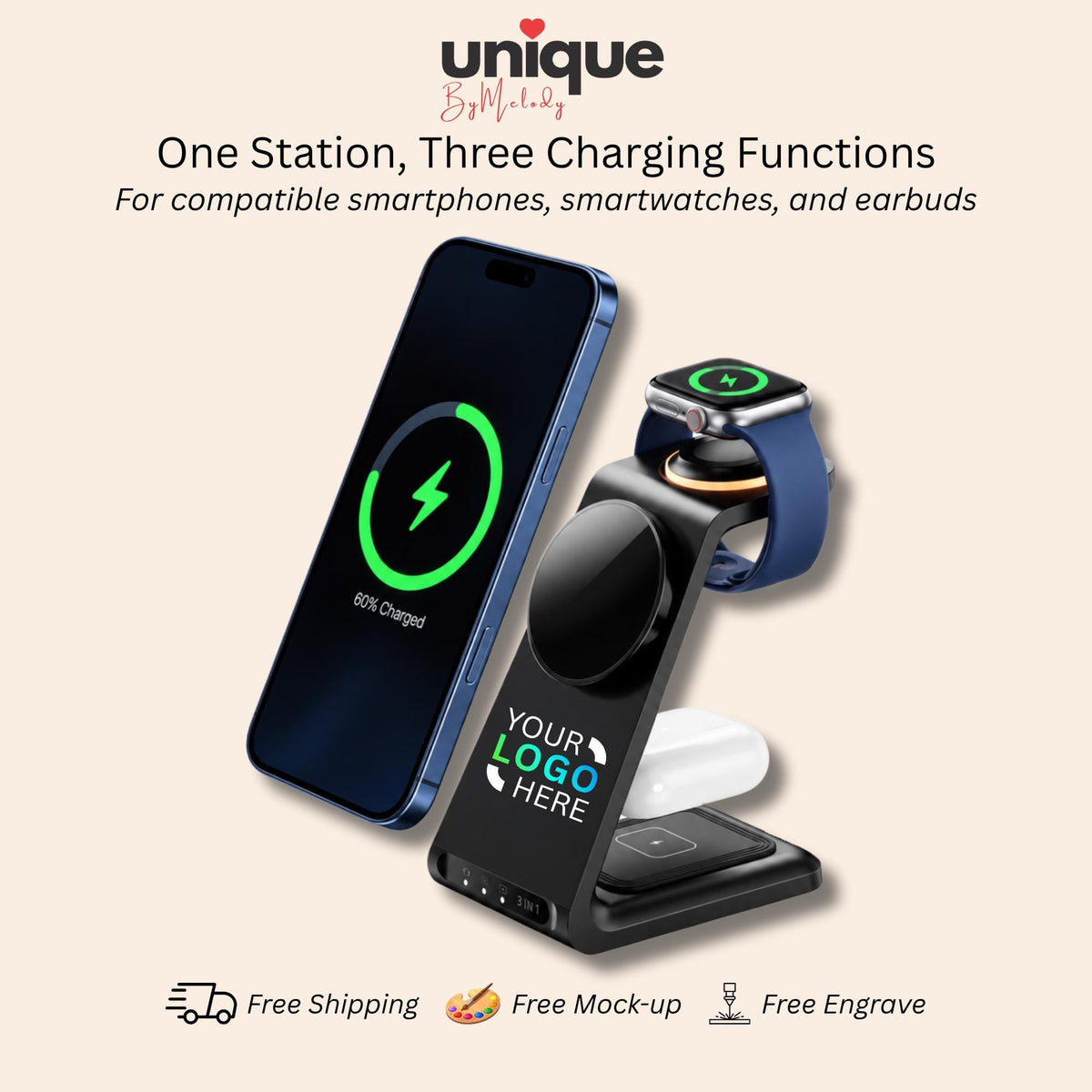 Personalized 3in1 MagSafe Wireless Charging Station with Custom Company Logo Corporate Desk Gift for Employees, Clients, Holidays and Events