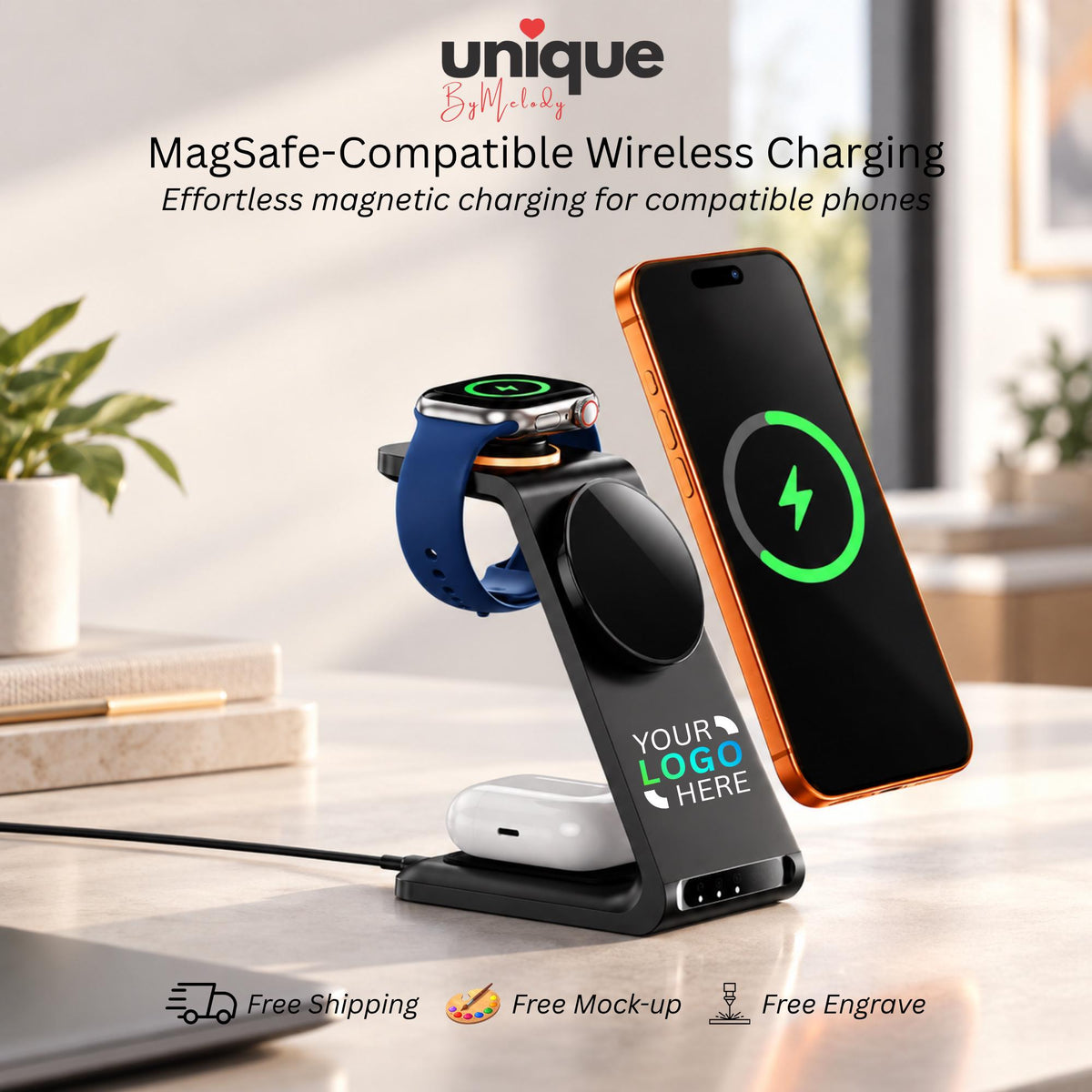 Personalized 3in1 MagSafe Wireless Charging Station with Custom Company Logo Corporate Desk Gift for Employees, Clients, Holidays and Events