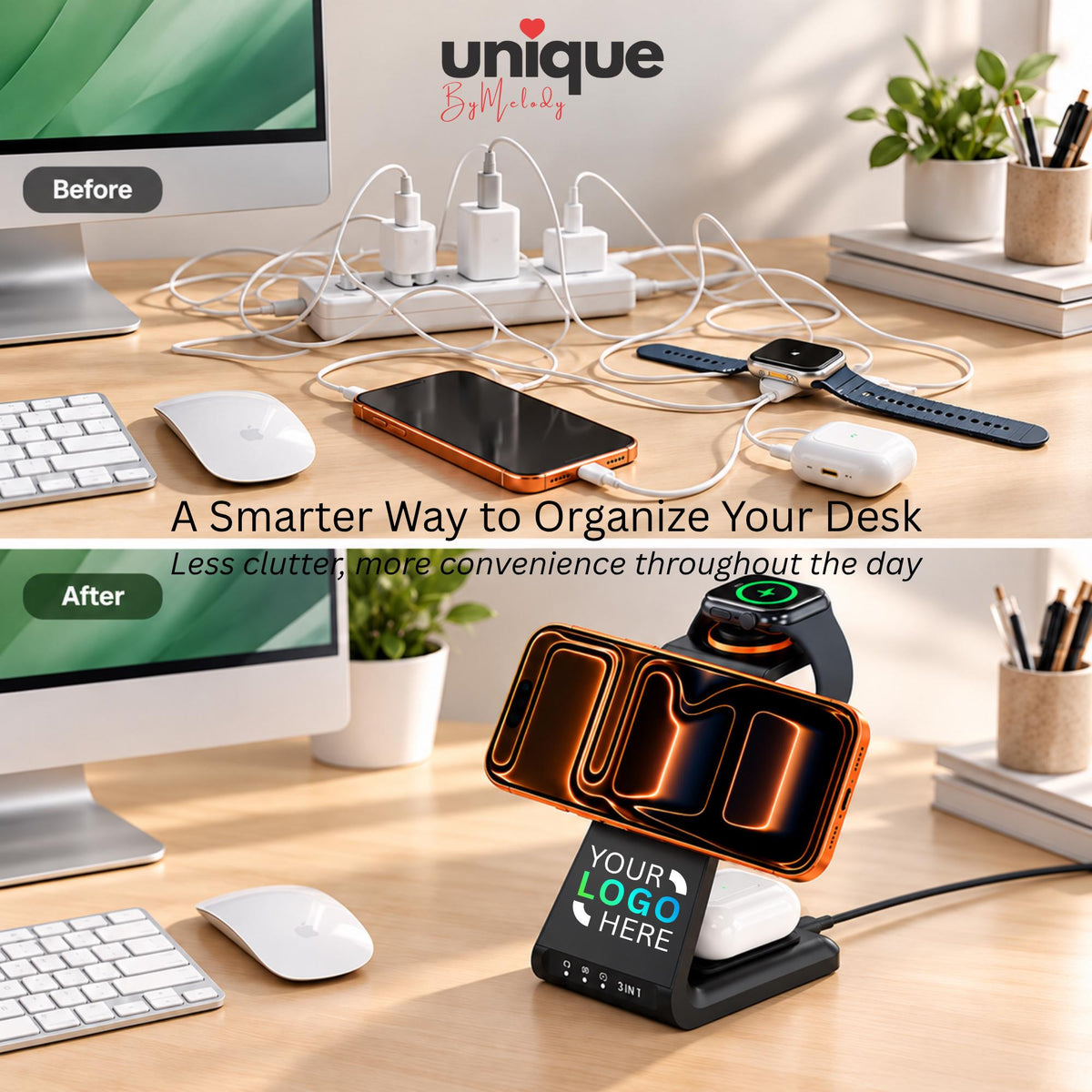 Personalized 3in1 MagSafe Wireless Charging Station with Custom Company Logo Corporate Desk Gift for Employees, Clients, Holidays and Events