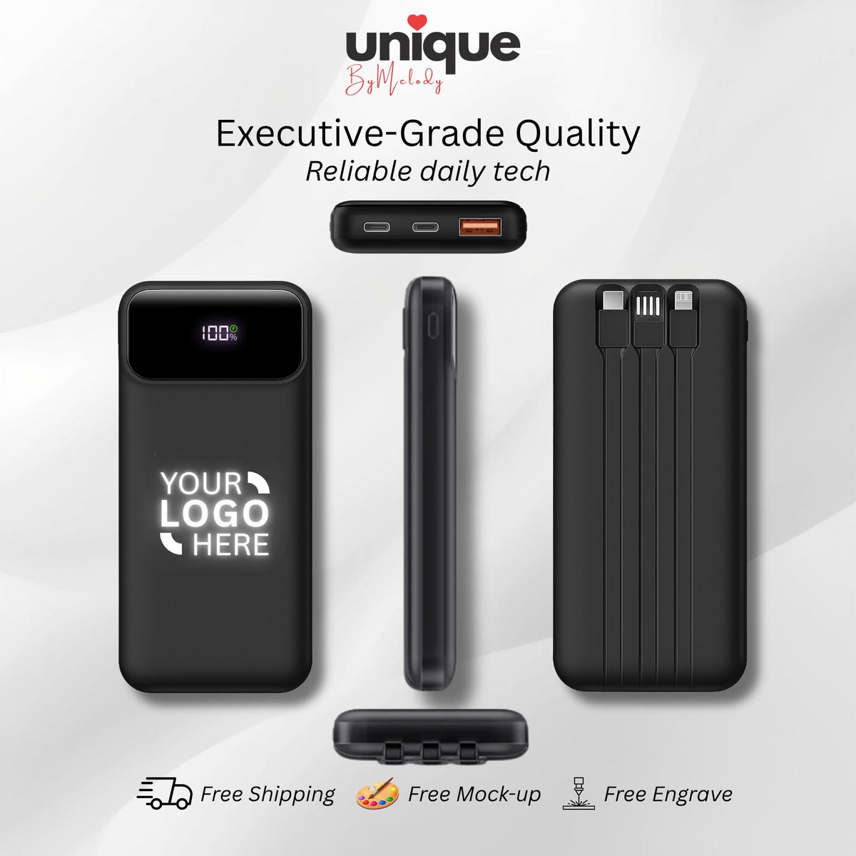 Custom Light Up Logo Powerbank Built In Cable Portable Charger Personalized Corporate Gift Employees Clients Executives and Business Events