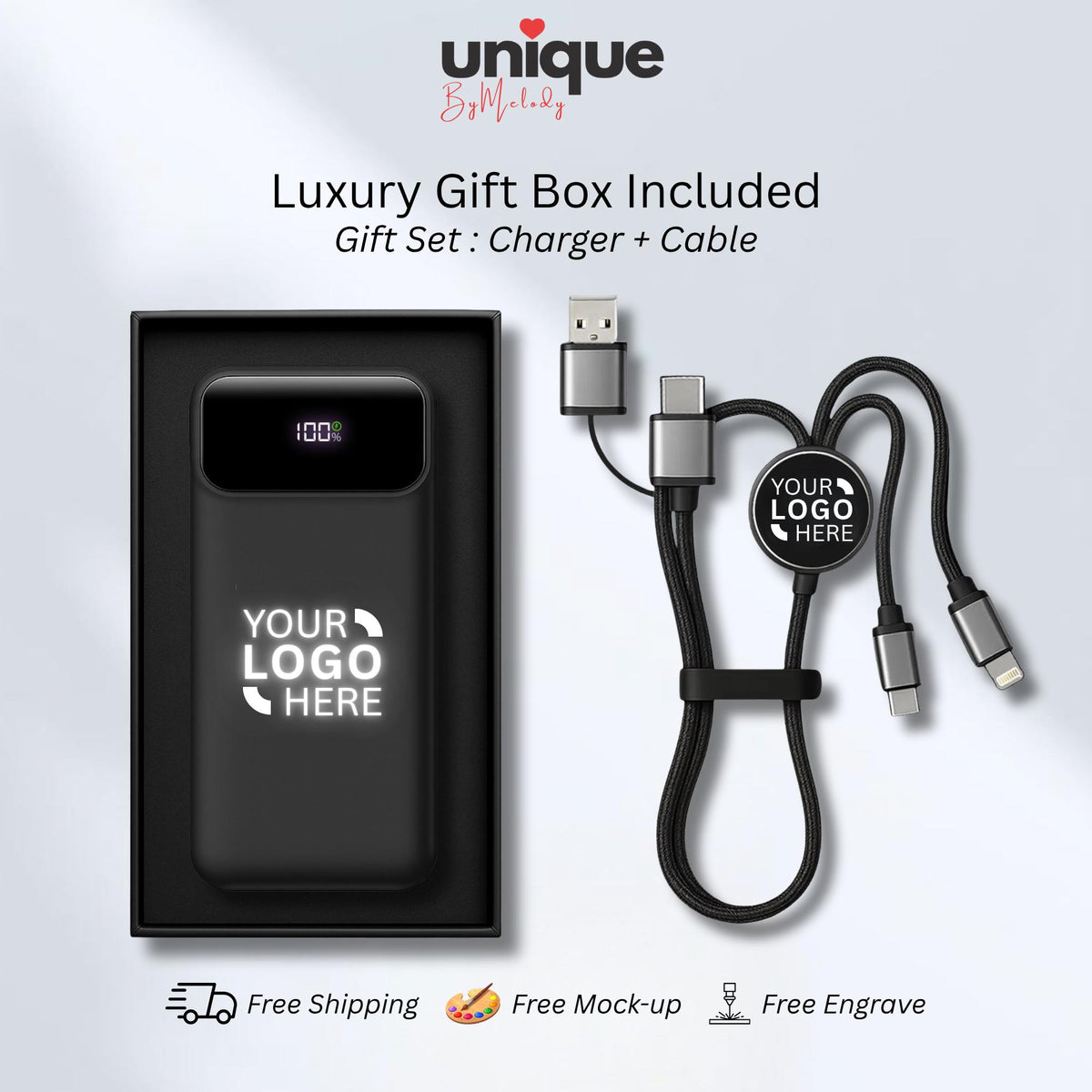 Custom Light Up Logo Powerbank Built In Cable Portable Charger Personalized Corporate Gift Employees Clients Executives and Business Events