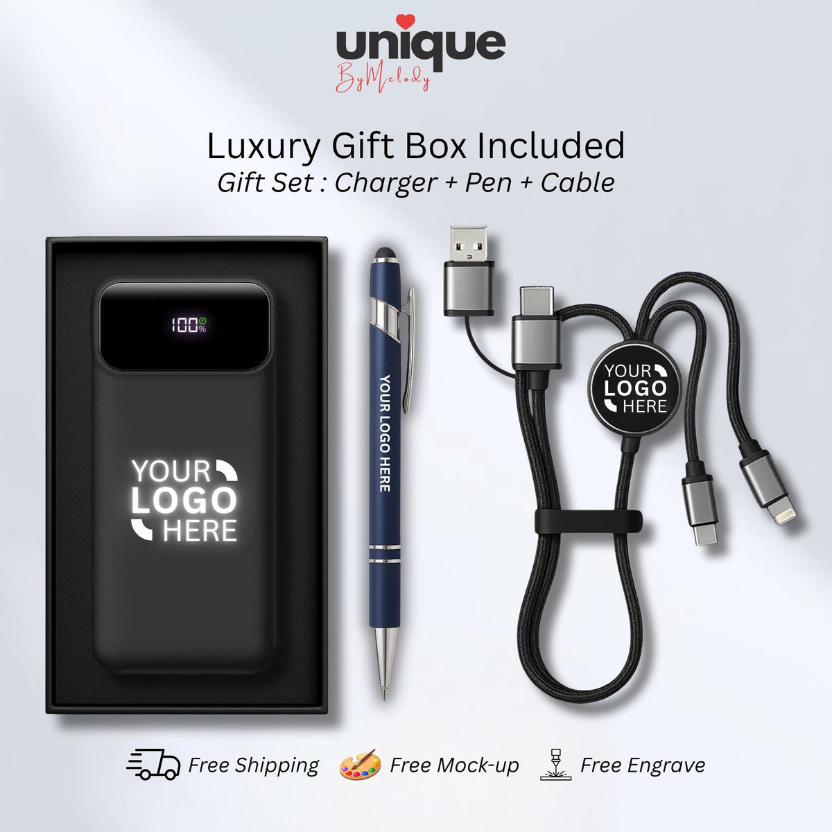 Custom Light Up Logo Powerbank Built In Cable Portable Charger Personalized Corporate Gift Employees Clients Executives and Business Events