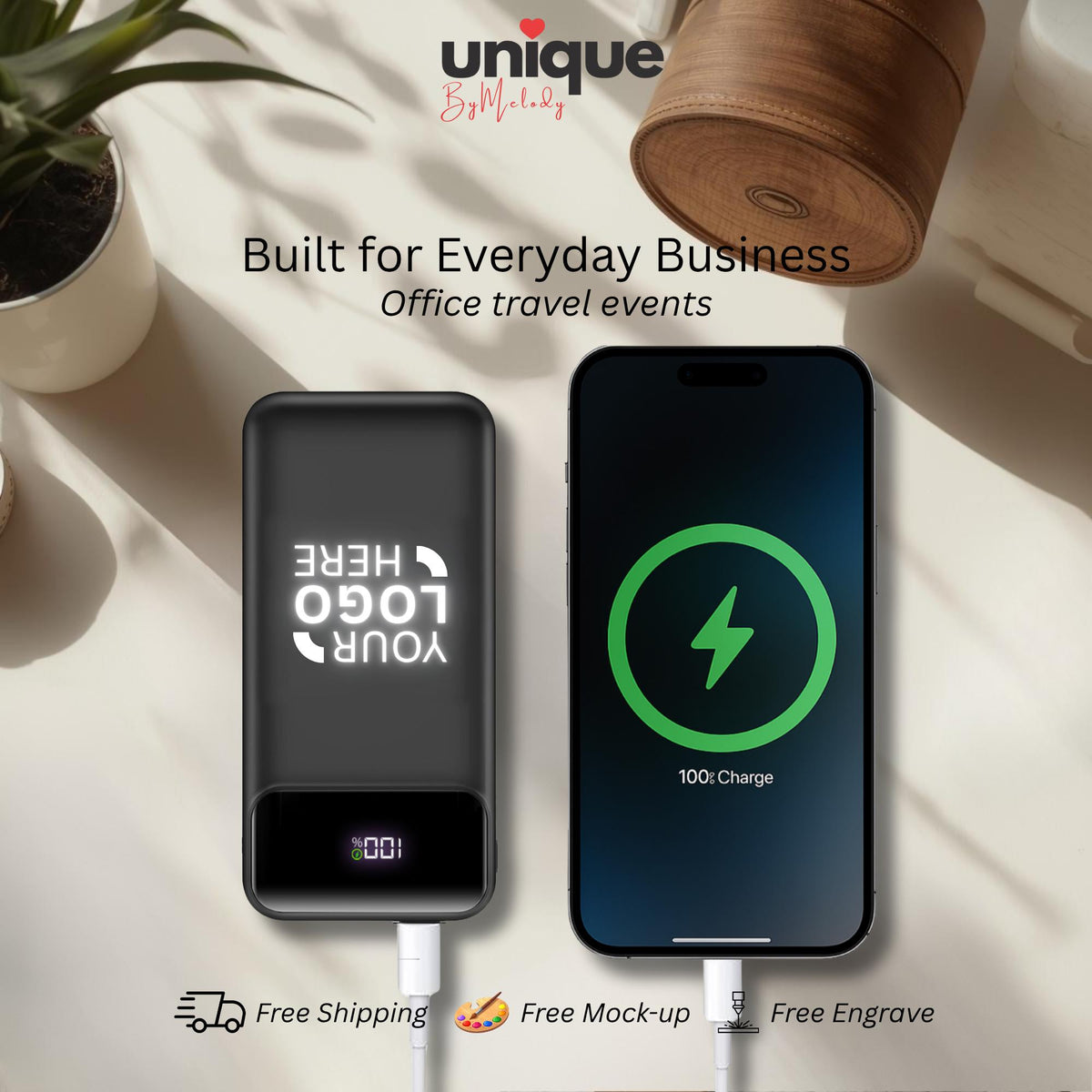 Custom Light Up Logo Powerbank Built In Cable Portable Charger Personalized Corporate Gift Employees Clients Executives and Business Events