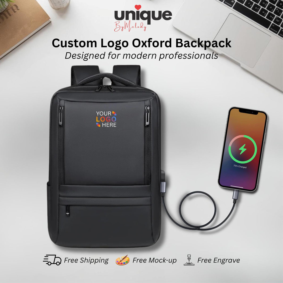 Company Backpack Custom Full Color Logo Laptop Bag Corporate Gift Business Travel Employee Onboarding Client Executive Welcome Thank You