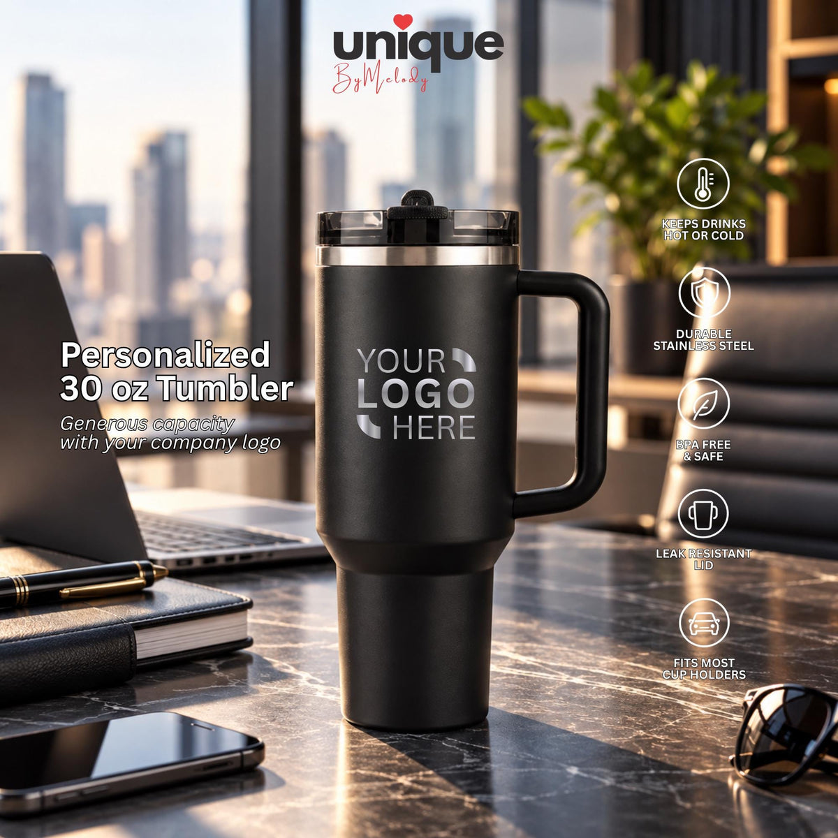 Laser Engraved 30 oz Tumbler Handle Personalized Company Logo Thermos Custom Corporate Office Gift Employee Client Appreciation Swag