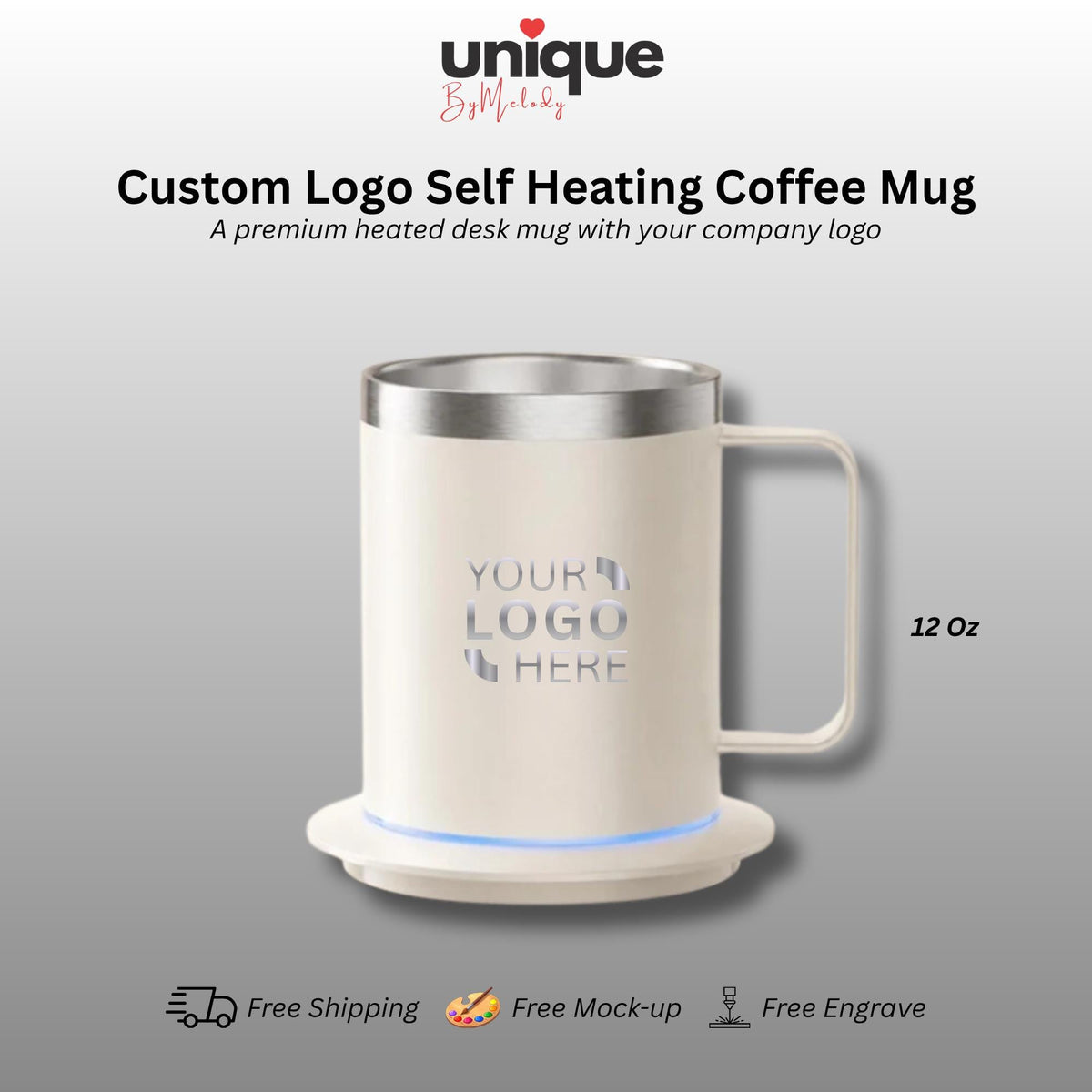 Personalized Self Heating Coffee Mug Laser Engraved Logo Heated Desk Cup Corporate Gift for Employees Clients Executives and Company Events