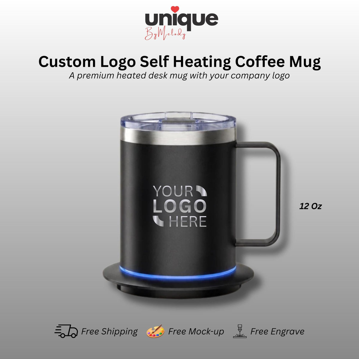 Laser Engraved Self Heating Coffee Mug Personalized Logo Heated Desk Cup Corporate Gift for Employees Clients Executives and Company Events