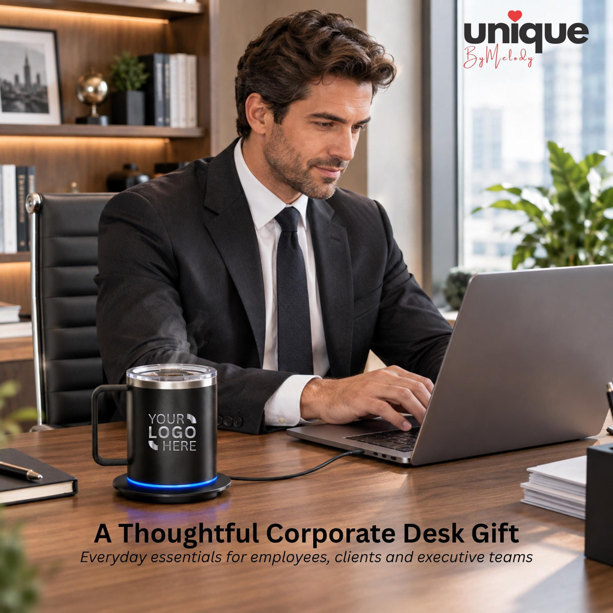 Laser Engraved Self Heating Coffee Mug Personalized Logo Heated Desk Cup Corporate Gift for Employees Clients Executives and Company Events