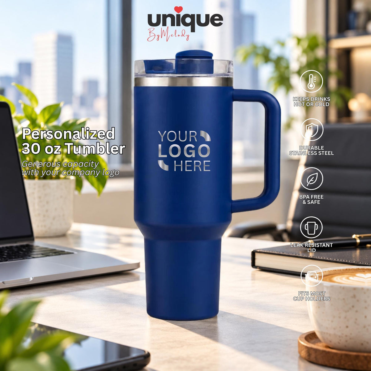 Personalized 30 oz Tumbler Handle Laser Engraved Company Logo Thermos Custom Corporate Office Gift Employee Client Appreciation Swag