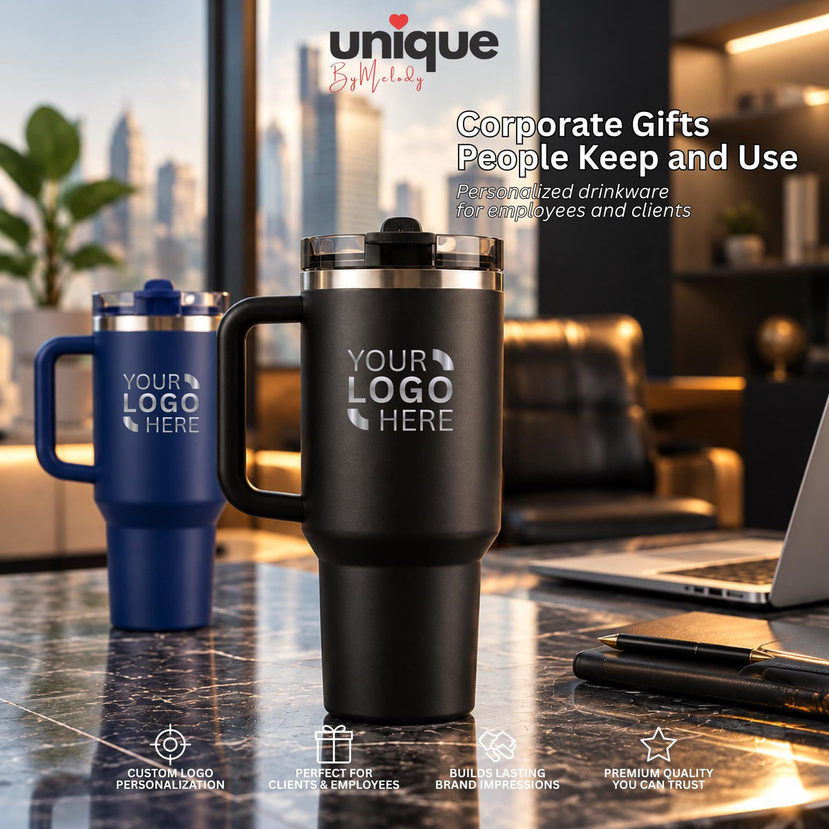 Laser Engraved 30 oz Tumbler Handle Personalized Company Logo Thermos Custom Corporate Office Gift Employee Client Appreciation Swag